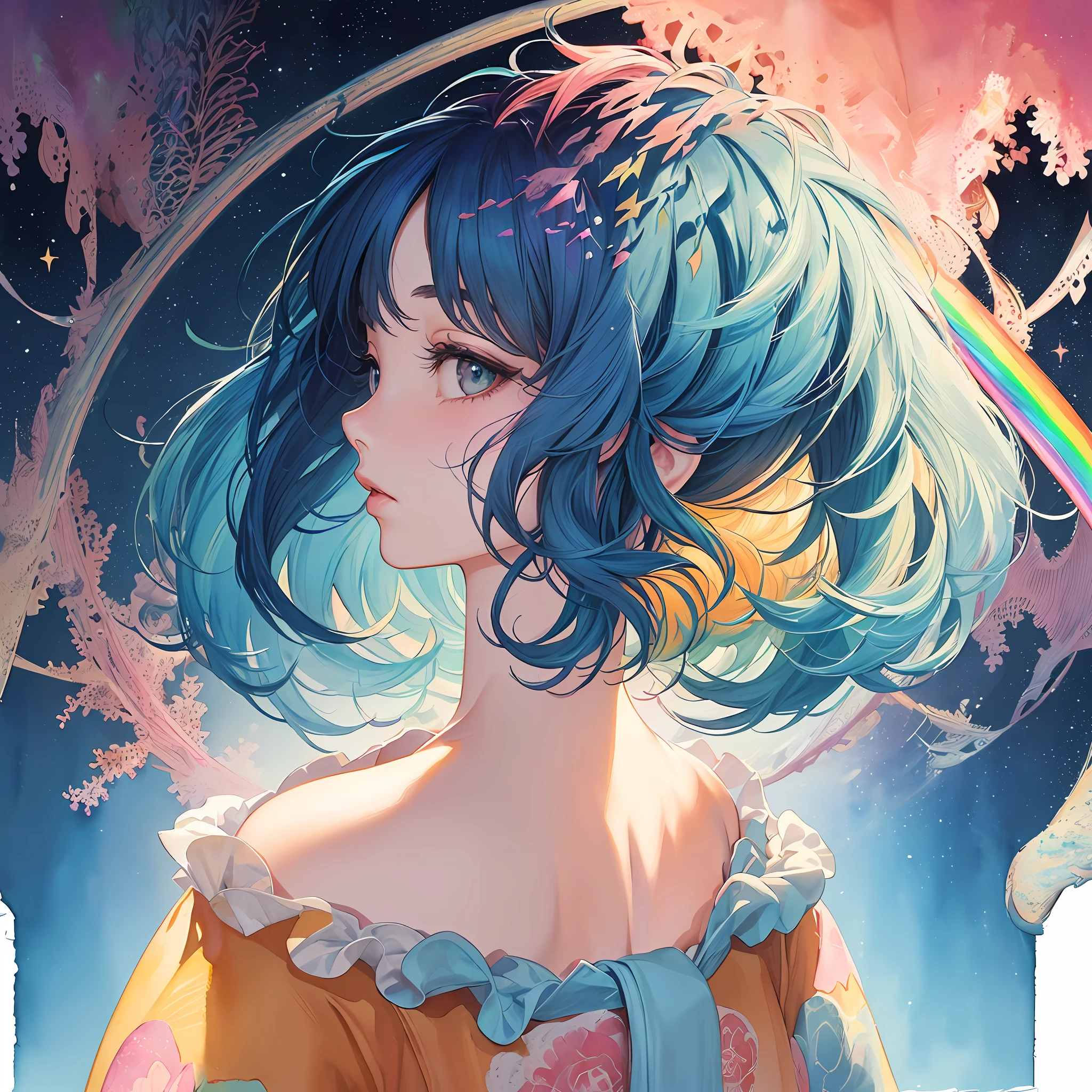 (masterpiece, top quality, best quality,watercolor (medium),official art, beautiful and aesthetic:1.2),(1girl:1.3), (fractal art:1.3),upper body, from side, looking at viewer,patterns,(rainbow color Hair,colorful hair,half blue and half pink hair:1.2),water,liquid, cloud,colorful, starry,stars,