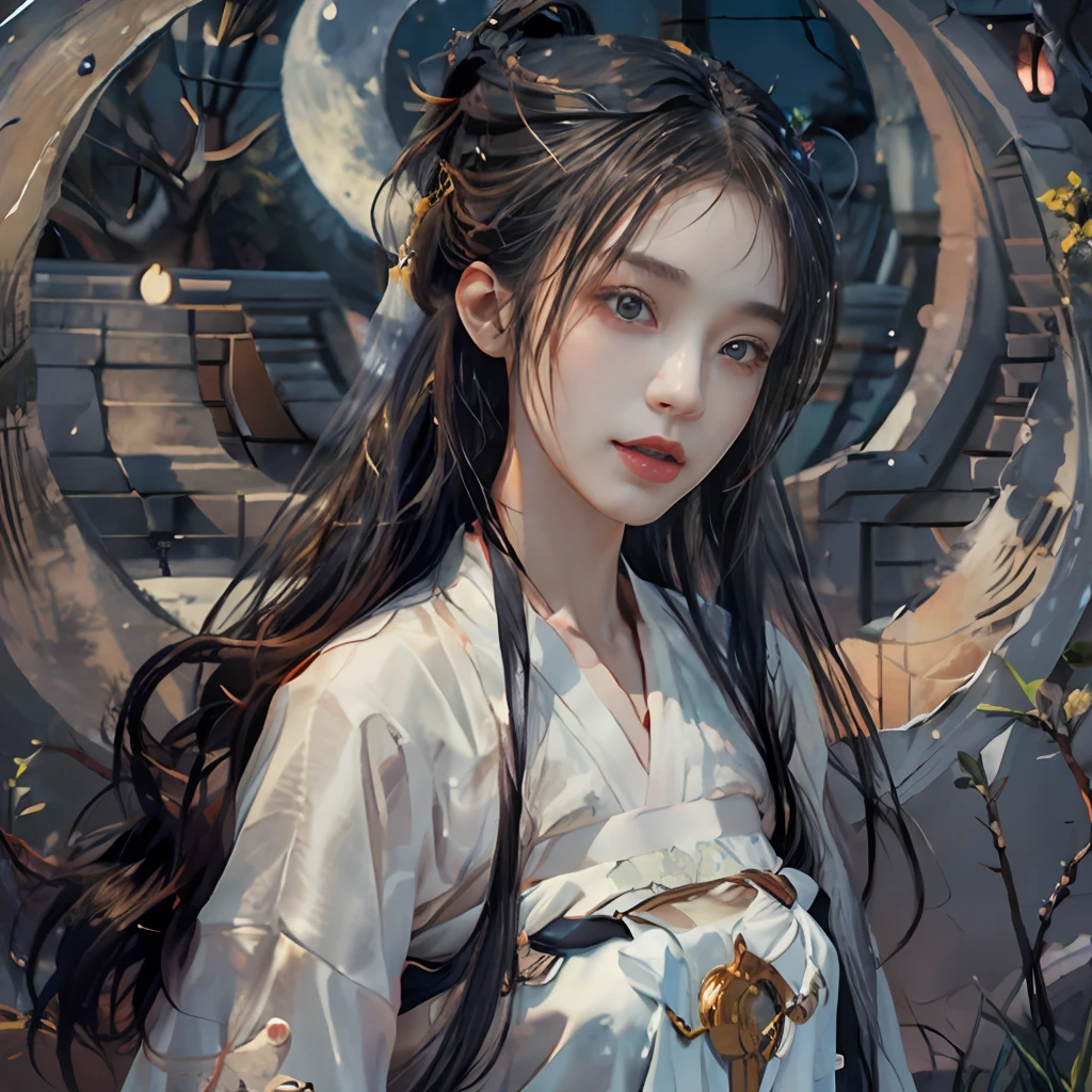 a 20-year-old woman, a girl Chinese fairy, gloom face, beautiful Chinese fairy tale face, beautiful face without flaws, slender body, fair skin, thin and beautiful lips, dont smile, (keep your mouth shut again:1.2), (The scene of the moonlight is magical:1.8), the full moon shines, moonlight, the moon, (luxury house in ancient Chinese style:1.2), Chinese-style bun hair, shiny black hair, flying hair, long hair, blue eyes sad gaze, twinkle eyes, big round eyes and very nice and detailed makeup , holy woman body, breasts round, big and round breasts, a beautiful face in detail and well-proportioned eyes, meticulous makeup, drooping arms, Realistic and vivid images, stars that make up the sky, sexy body, most beautiful eyes, picture perfect eyes, beautiful saint and flowers, jewelry, beautiful face, upper body, hanfu, high resolution, best quality, best photo, 8k quality, 8k ultra, surreal, best real life photo, hdr, high skin detail, Bokeh, Smooth and sharp, 10x pixel increase, fictional art, 8k CGI, realistic, medium shot, (upper body), (white hanfu:1.8), by Mappa, five finger,