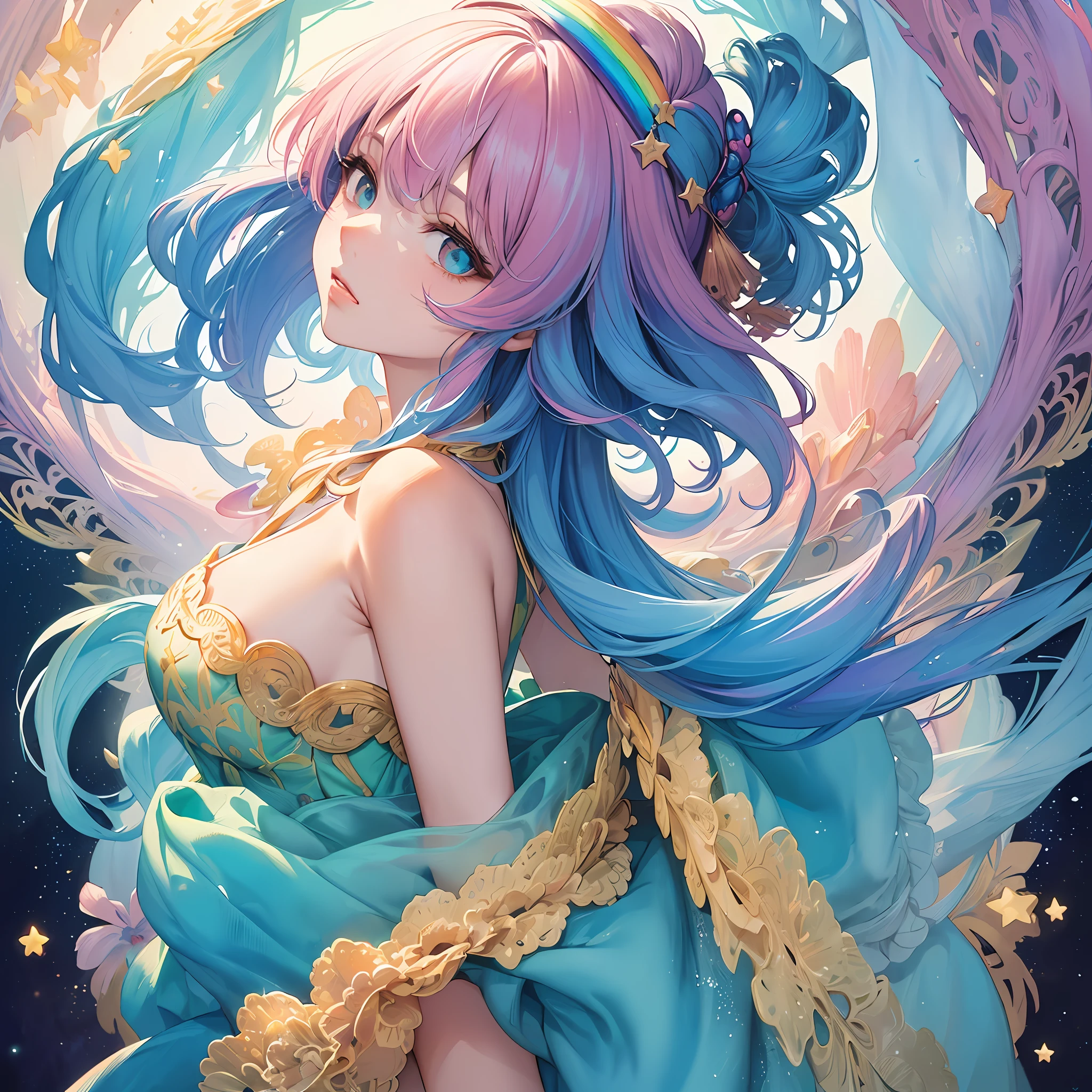 (masterpiece, top quality, best quality,watercolor (medium),official art, beautiful and aesthetic:1.2),(1girl:1.3), (fractal art:1.3),upper body, from side, looking at viewer,patterns,(rainbow color Hair,colorful hair,half blue and half pink hair:1.2),water,liquid, cloud,colorful, starry,stars, --auto