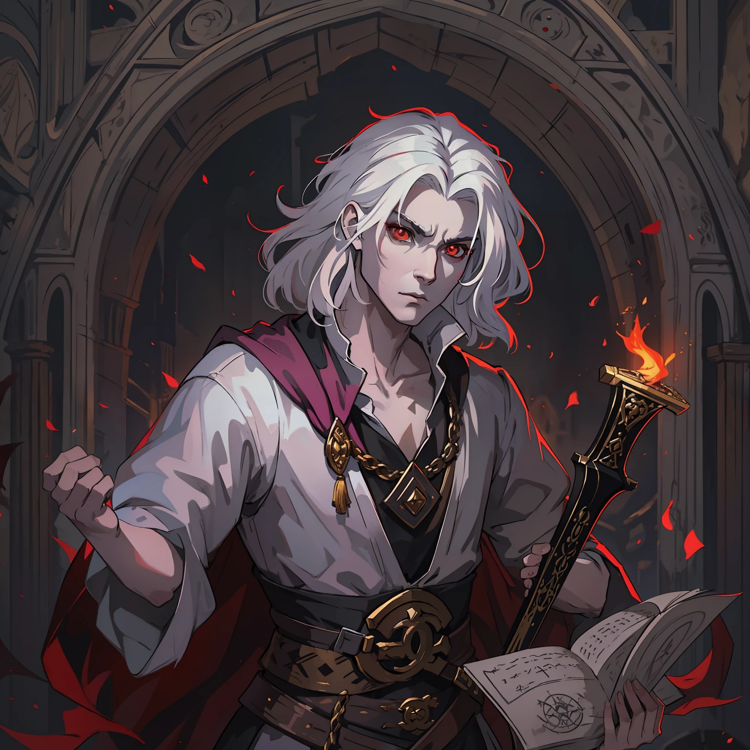 A bard man with medium-length hair, Medium white hair like a chanel hairstyle and pale skin and red eyes as bad as ruby, he's a medieval demonic bard for an RPG, um bardo em trajes medievais pretos, em um lugar escuro, cheio de magia negra, Hidden A Demonic Bard