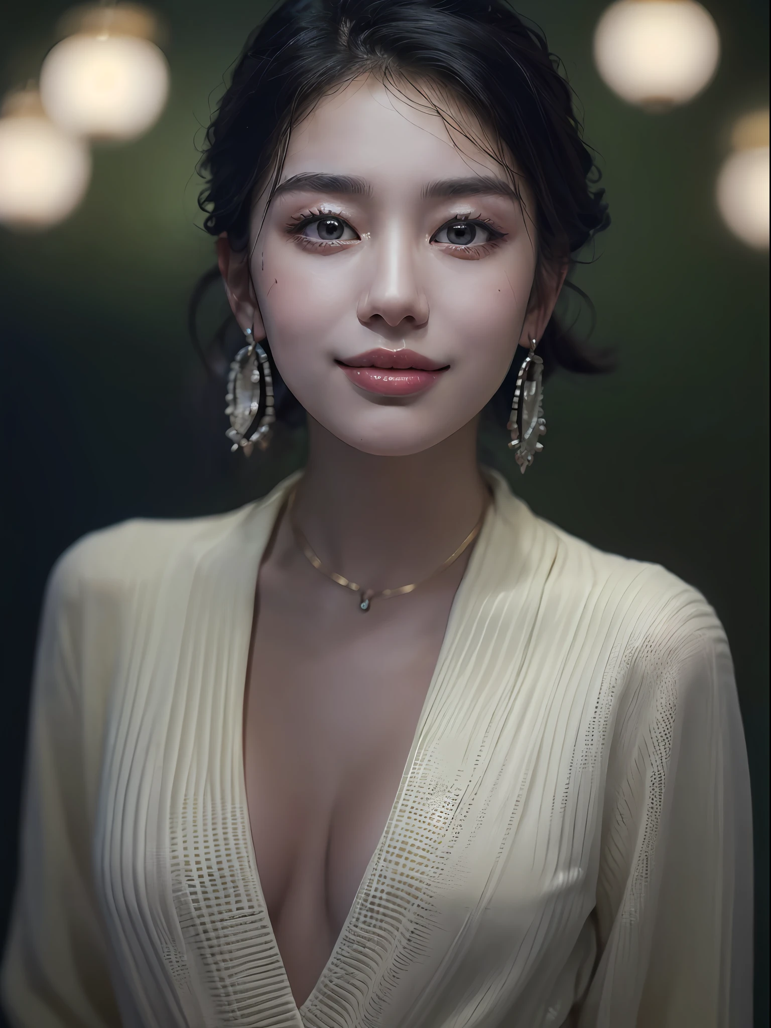 (masterpiece, editorial portrait style:1.3), a stunning editorial portrait featuring a Japanese woman with short black hair, radiant smile, clear eyes, flawless skin, and bold statement earrings, (exuding elegance and confidence:1.2), (lens used: prime 50mm:1.1), (camera model: Full-frame Canon EOS 5D Mark IV:1.2), (meticulously crafted lighting creating a captivating atmosphere:1.1), (spotlights highlighting her features and decolletage:1.2), (the studio's black backdrop adding drama:1.1), (her stylish outfit with a revealing neckline:1.2), (accentuating her beautiful physique:1.1), (her aura of confidence and allure:1.2), (the woman captivating the viewer with her smile:1.1), (her bold earrings making a statement:1.2), (inviting viewers into her world of elegance and poise:1.1), (celebrating her beauty and individuality:1.2), (the perfect balance of sophistication and allure in a single frame:1.1), (an empowering portrayal of femininity and self-assurance:1.2), (the portrait capturing the essence of editorial fashion:1.1), (a photo that embraces her captivating presence and charm:1.2), (a fusion of style, confidence, and grace:1.1), (an embodiment of editorial sophistication and allure:1.2), (the epitome of beauty in the studio's perfect lighting:1.1), (a timeless editorial portrait that demands attention:1.2), (a captivating moment preserved with artistry and precision:1.1)