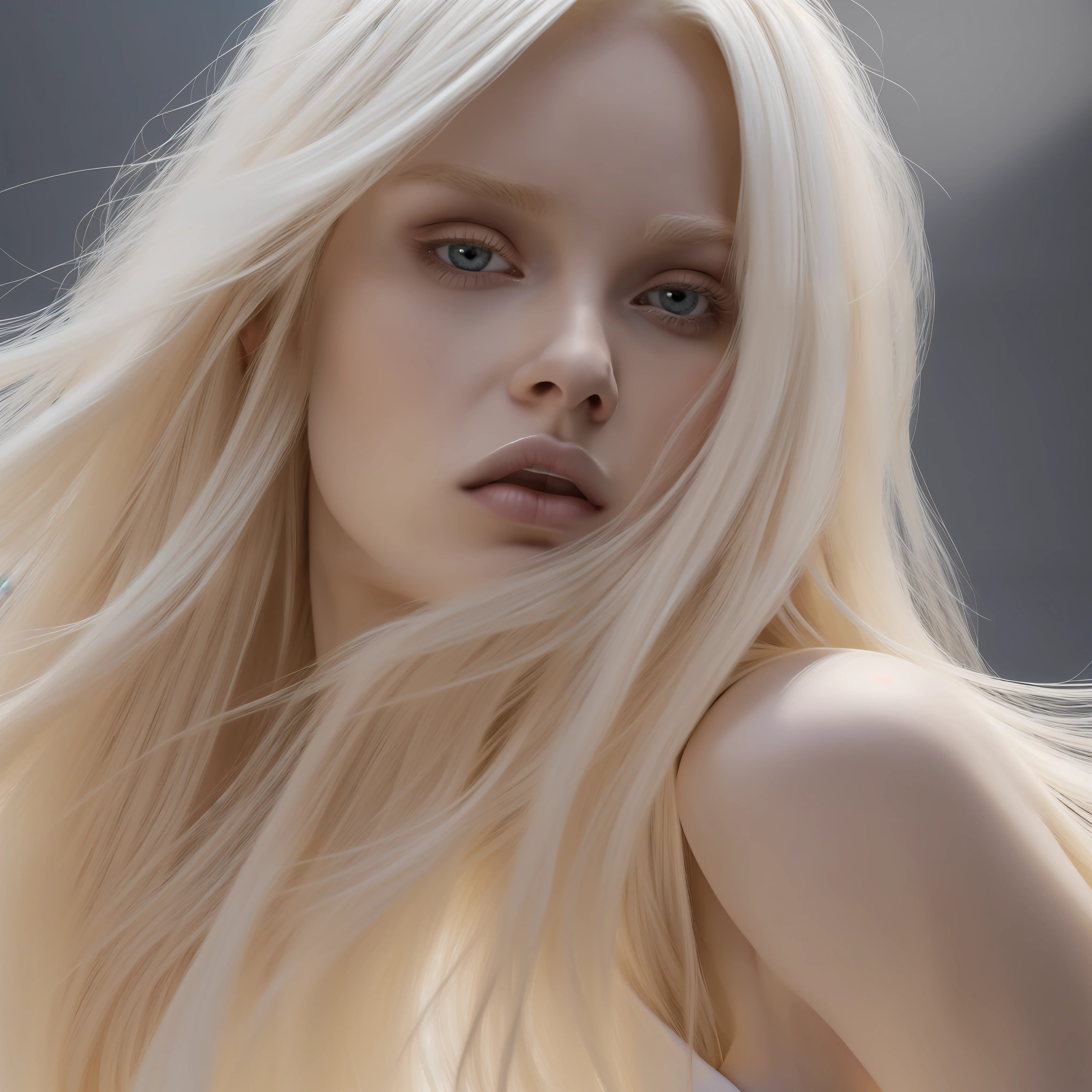 BALENCIAGA 1 woman, avakin life character, avakin life character features, flowing long blonde hair, bangs, blonde hair, white dress hopefully falling, white clothing, crisp face, slim face, beautiful skinny face, black background, deep shadows, apocalyptic, no light, model, big mouth, lip filler, no eyebrows