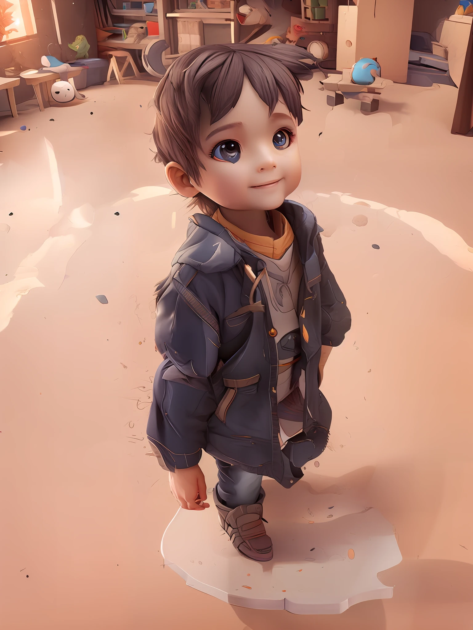 (((image of extremely realistic small child standing in a game station style playroom))), ((((((boy plaid shirt, plaid shirt, boy)))))), (3D Character), ((small child mini adult style)), (cute small boy hero style), anime, ((((Pixar_theme, 3d cartoon style)))), Tomas, 2 years old, head size larger than his body to generate 3d small adult style, handsome, ((Little Hero Costume)), boy, next generation, (Excellent), (Super meticulous), (full body: 1.2), Portrait Bust Illustration, Slightly Chubby Face, Very Clean Face, No Beard, Super Short Black Hair, Black Eyes, Confident Smile, Digital Painting, 3D Character Design, High definition illustration in 4K resolution with features very inspired illustration and 3D cartoon style animated illustrations, diverse environment, super detailed scenery, minimal details, full body, Chibi, Lovestar, fantasy00d, full body, anime, NSFW, illustration, anime drawing, fantasy , portraits