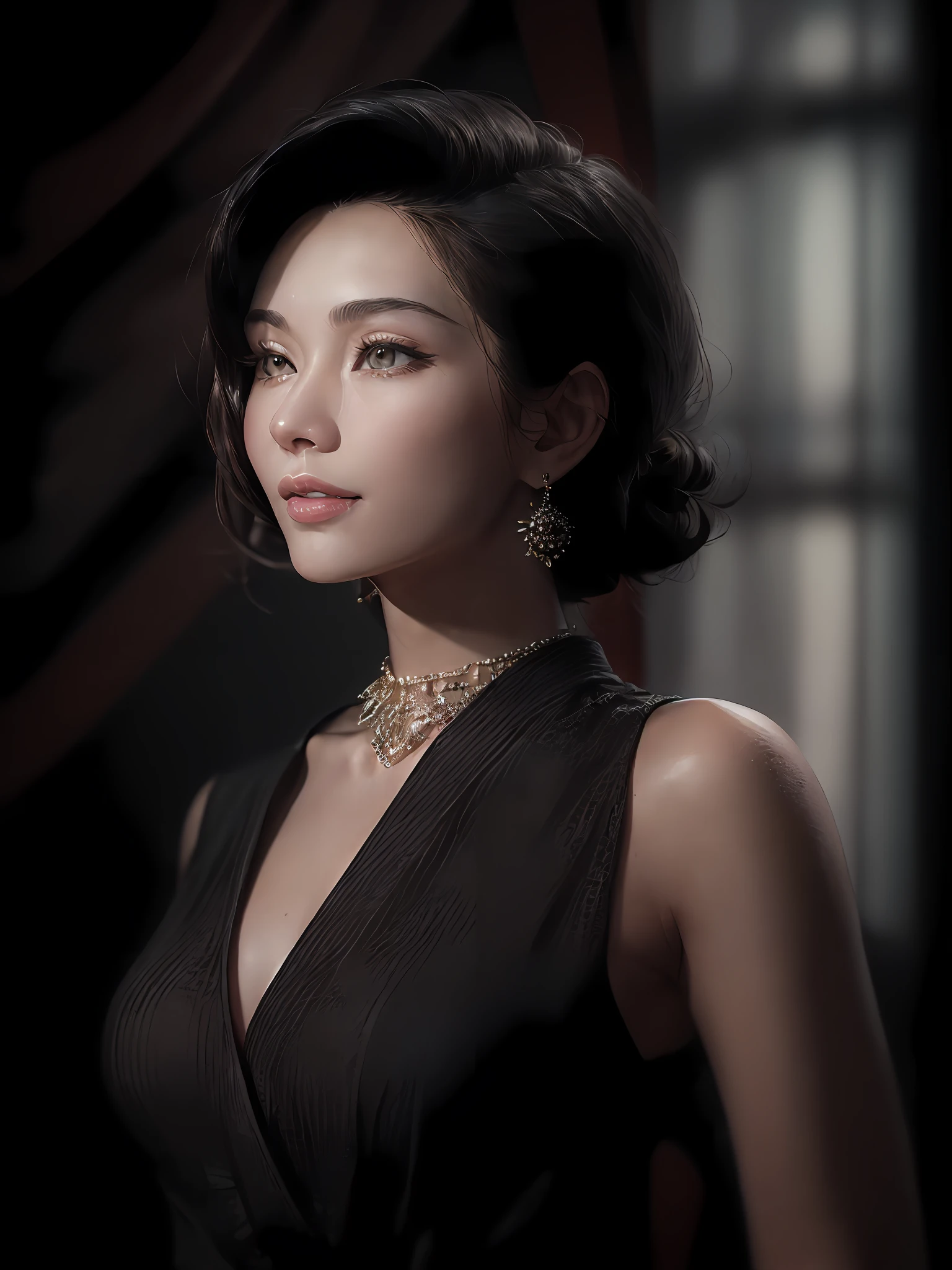 (masterpiece, editorial portrait style:1.3), a stunning editorial portrait featuring a Japanese woman with short black hair, radiant smile, clear eyes, flawless skin, and bold statement earrings, (exuding elegance and confidence:1.2), (lens used: prime 50mm:1.1), (camera model: Full-frame Canon EOS 5D Mark IV:1.2), (meticulously crafted lighting creating a captivating atmosphere:1.1), (spotlights highlighting her features and decolletage:1.2), (the studio's black backdrop adding drama:1.1), (her stylish outfit with a revealing neckline:1.2), (accentuating her beautiful physique:1.1), (her aura of confidence and allure:1.2), (the woman captivating the viewer with her smile:1.1), (her bold earrings making a statement:1.2), (inviting viewers into her world of elegance and poise:1.1), (celebrating her beauty and individuality:1.2), (the perfect balance of sophistication and allure in a single frame:1.1), (an empowering portrayal of femininity and self-assurance:1.2), (the portrait capturing the essence of editorial fashion:1.1), (a photo that embraces her captivating presence and charm:1.2), (a fusion of style, confidence, and grace:1.1), (an embodiment of editorial sophistication and allure:1.2), (the epitome of beauty in the studio's perfect lighting:1.1), (a timeless editorial portrait that demands attention:1.2), (a captivating moment preserved with artistry and precision:1.1)
