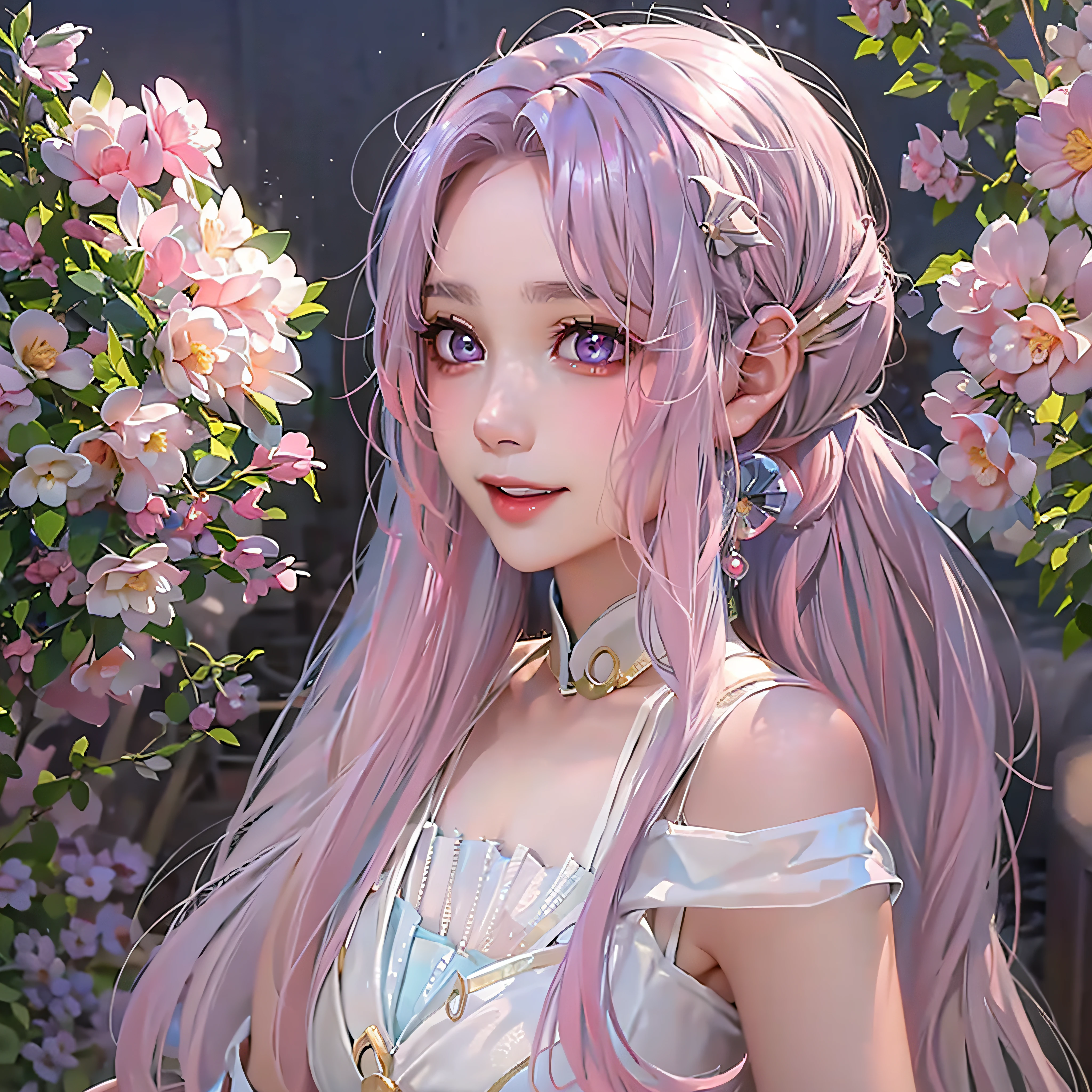 Best quality,tmasterpiece,Kizi,A pink-haired,Light white skirt,Sunny type,(Be in a sea of violet flowers:1.4),(Size 9:16,Picture quality 4K)(middlebreast:1.4) cleavage Very long hair,High ponytail,A detailed face,Smiling face,(smooth jaw:0.85),looking at viewert,beautidful eyes,A detailed eye,a skirt,(the sunset:1.4),From the side Side,photon maping,physically-based renderingt,RAW photos,highly detailed back ground,(real photograph:1.35),A high resolution,ssee-through,frontage,(ulzzang-6500:0.4),full bodyesbian,the whole
