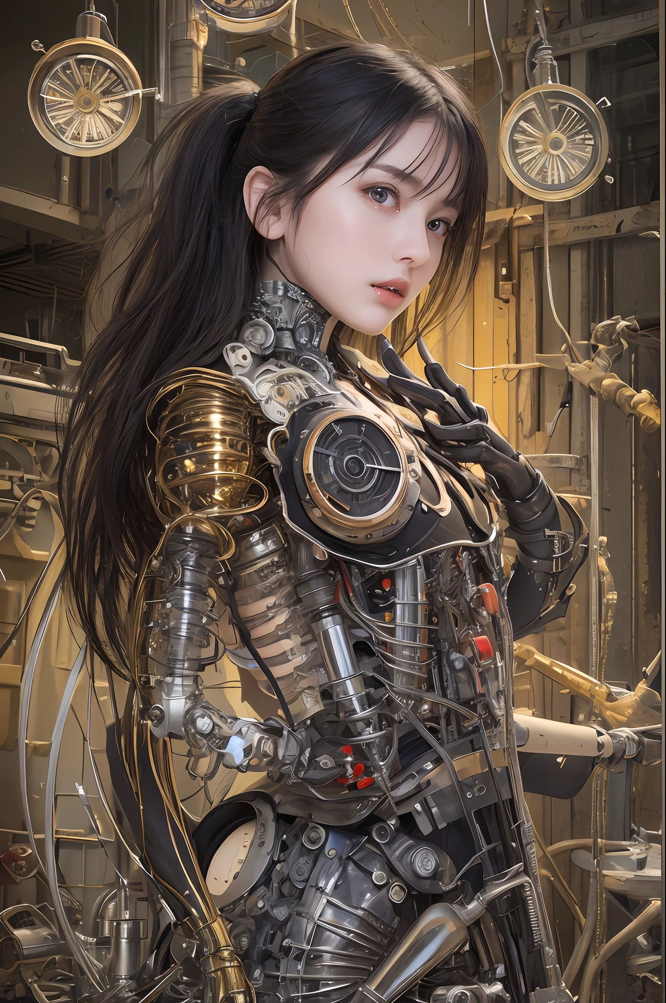 top-quality、masterpiece、超A high resolution、(Photorealsitic:1.4)、Raw photo、女の子1人、Black hair、glowy skin、1. Mechanical Angel Girl、large metal wings、((super realistic details))、portlate、globalillumination、Shadow、octan render、8K、ultrasharp、Colossal tits、Raw skin is exposed in cleavage、metals、Details of complex ornaments、Steampunk details、vacuum tubes、Nixie Kan、Oil pressure gauge、Glass Kan、Analog Meter、gear wheel、gear、Golden hydraulic cylinder、highly intricate detail、Realistic light、CGSoation Trends、a purple eye、radiant eyes、Facing the camera、neon details、Mechanical limbs、blood vessels connected to tubes、Mechanical vertebrae attached to the back、mechanical cervical attaching to neck、cowboy shot、Wires and cables connecting to the head、Sumerian details、Small LED lamp、