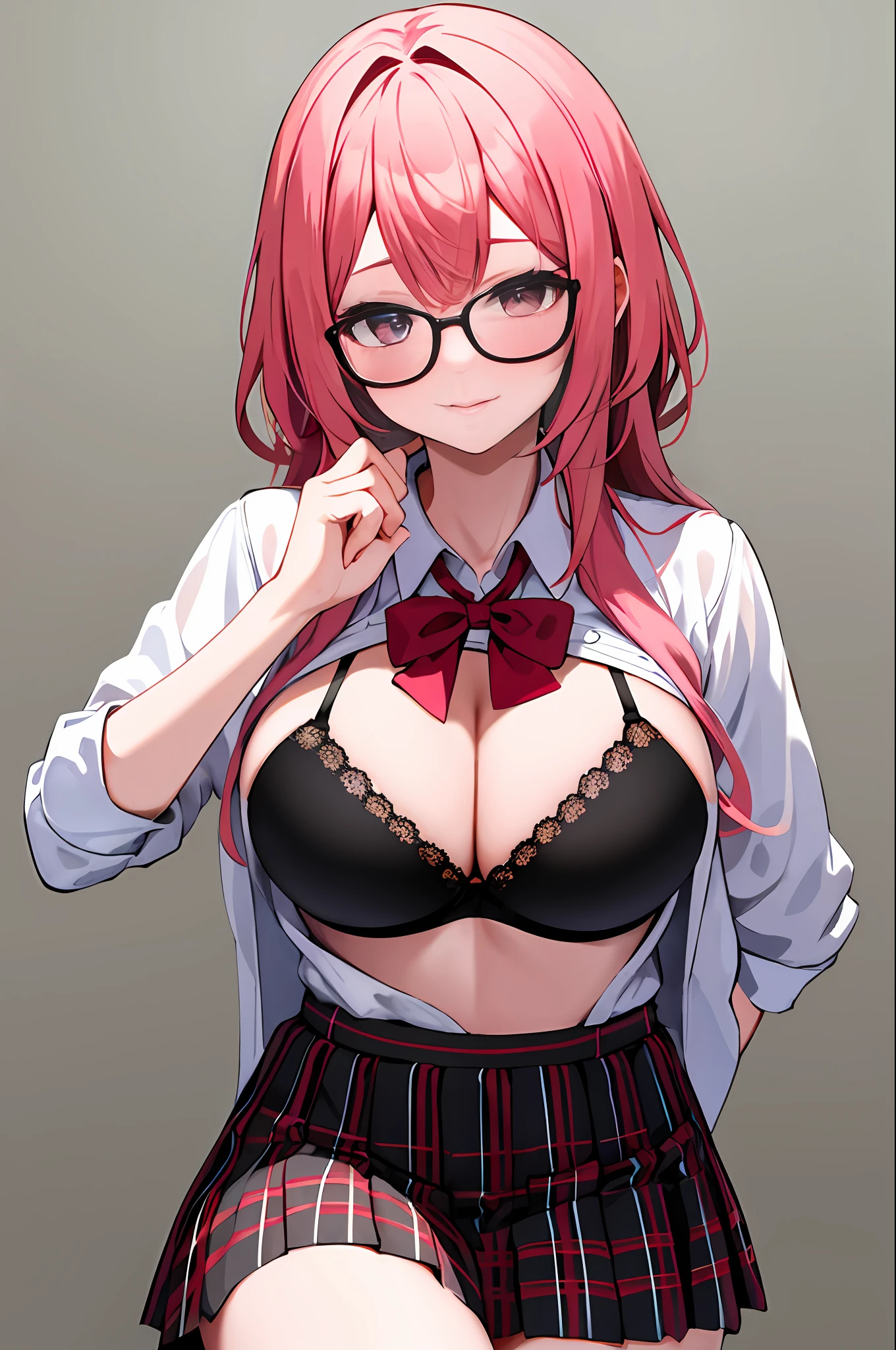 masterpiece, best quality, highres, sa1, pink hair, glasses, school uniform, white shirt, skirt, plaid skirt, open shirt, bra,