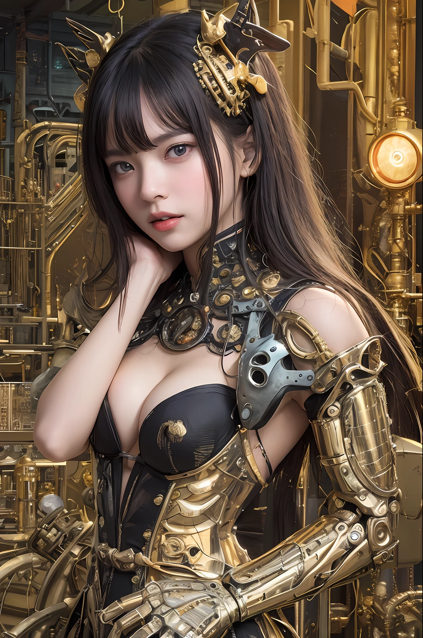 top-quality、​masterpiece、超A high resolution、(Photorealsitic:1.4)、Raw photo、女の子1人、Black hair、glowy skin、1. Mechanical Angel Girl、large metal wings、((super realistic details))、portlate、globalillumination、Shadow、octan render、8K、ultrasharp、Colossal tits、Raw skin is exposed in cleavage、metals、Details of complex ornaments、Steampunk details、vacuum tubes、Nixie Kan、Oil pressure gauge、Glass Kan、Analog Meter、gear wheel、gear、Golden hydraulic cylinder、highly intricate detail、Realistic light、CGSoation Trends、a purple eye、radiant eyes、Facing the camera、neon details、Mechanical limbs、blood vessels connected to tubes、Mechanical vertebrae attached to the back、mechanical cervical attaching to neck、cowboy  shot、Wires and cables connecting to the head、Sumerian details、Small LED lamp、