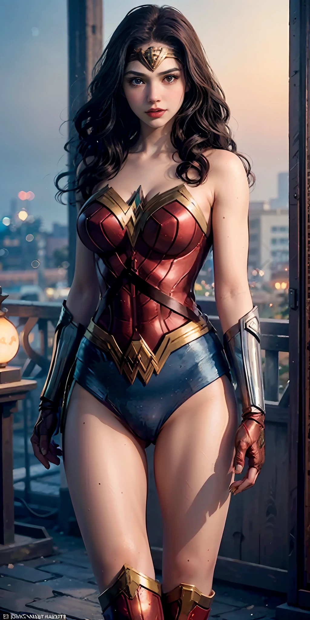 wearing wonder_woman_cosplay_outfit, in front of a sky, 
good hand, 4k, high-res, masterpiece, best quality, head: 1.3, ((Hasselblad photography)), finely detailed skin, sharp focus, (cinematic lighting), night, soft lighting, dynamic angle, [:(detailed face: 1.2): 0.2], medium breasts, out, (cameltoe:1.4)