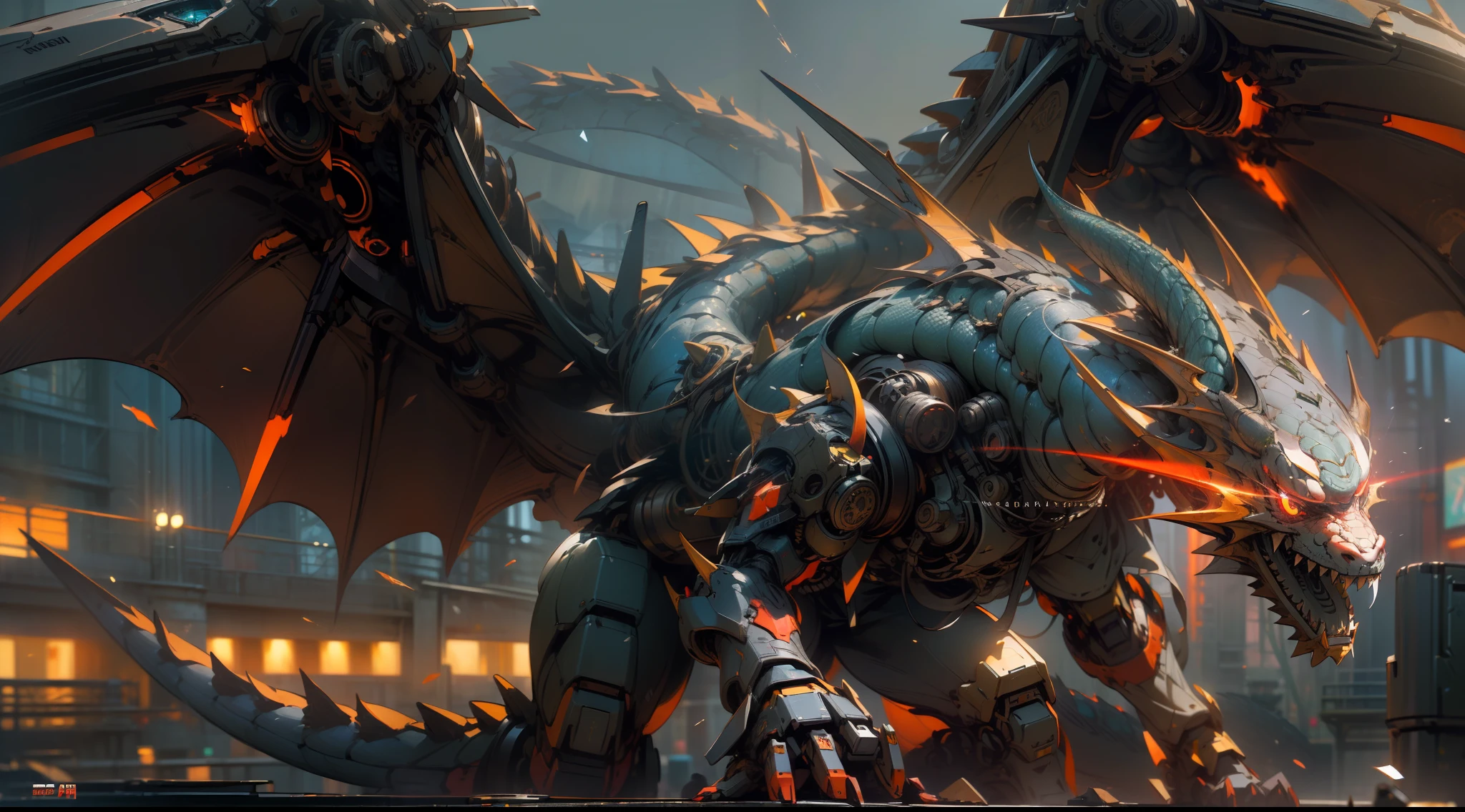 (((Masterpiece))),(((Best quality))),(((Amazing detail))),((illustration)),((8K)),Tyndall effect,Light, Mechanical wings,(((Mecha Dragon))),(((Mecha Dragon))),Gears of War,metal scales,Realistic,Cyberpunk,Red eyes,Eyes glow,Cinematic lighting