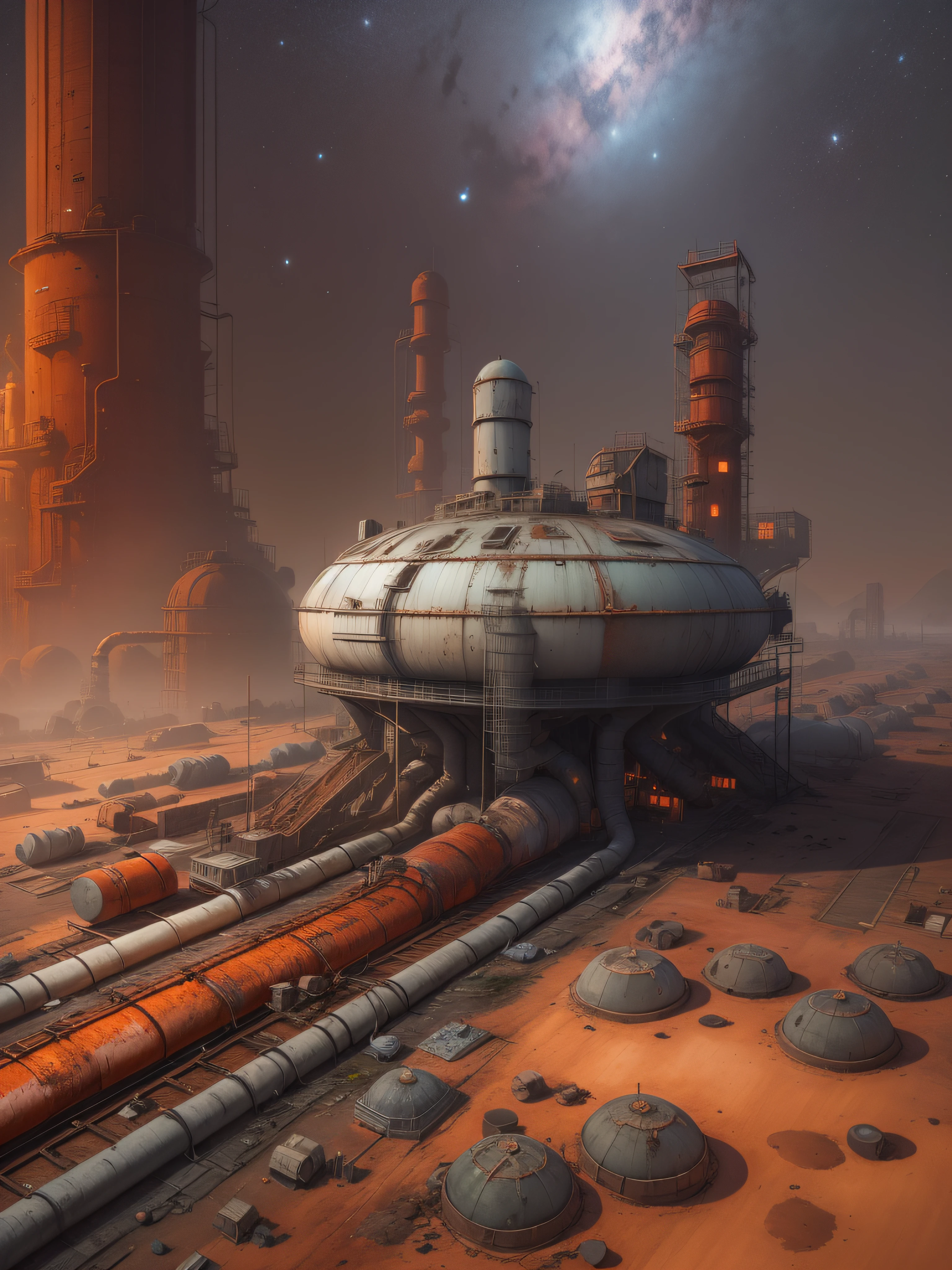 The Refueling Station: Generate an image of an abandoned refueling station, hovering above the turbulent, colorful clouds of a gas giant planet. The station is designed to refuel spacecraft and has large fuel storage tanks connected to a network of pipelines and hoses. The abandoned base is surrounded by a dense, thick mist, and the image should convey a sense of isolation and desolation. The station should feature intricate details such as rusted metal grates, leaking pipes, and discarded equipment.