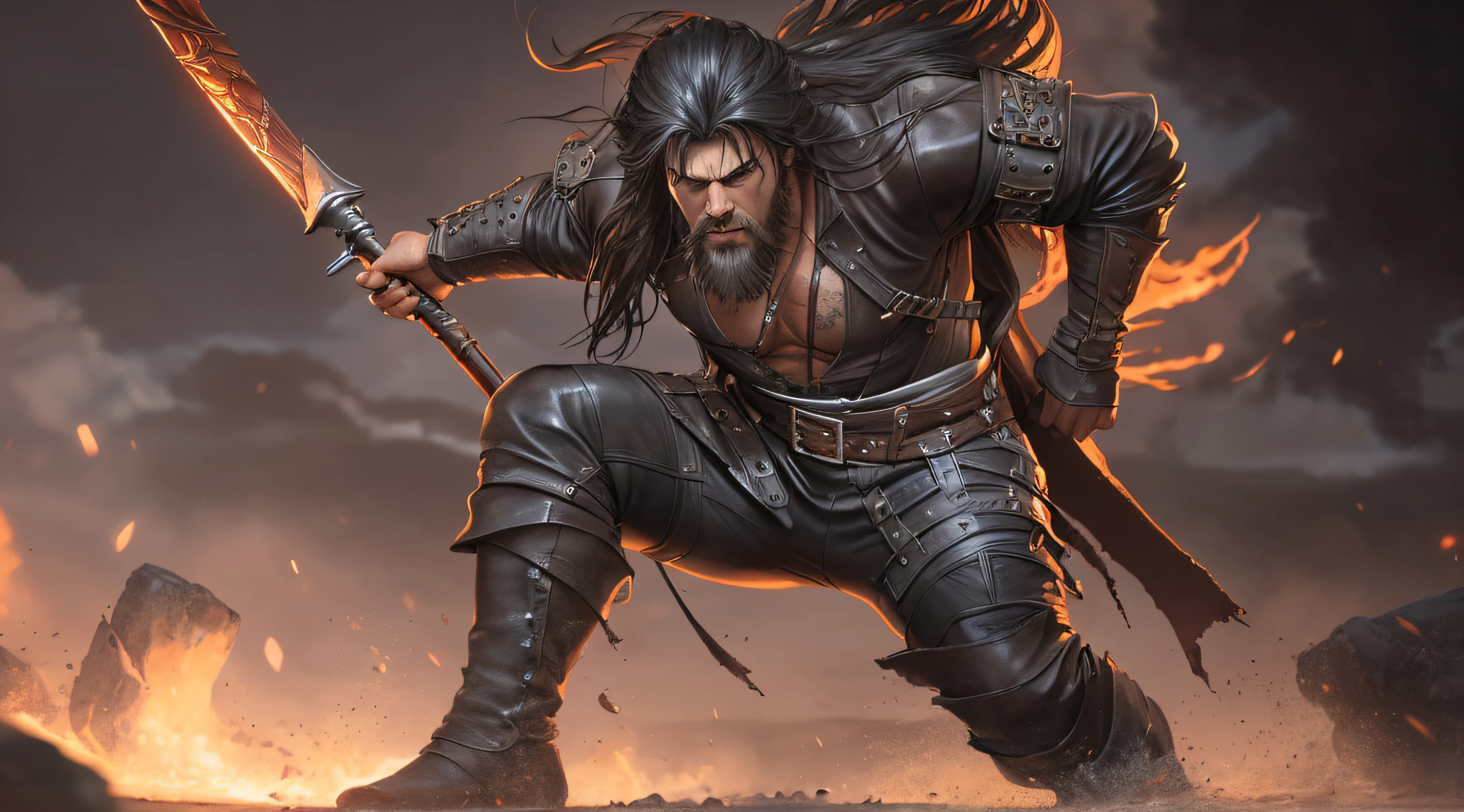 soft lustrous male hero, ((epic heroic fantasy muscular rugged wet hero angry looking with long hair and beard and fierce looking)), full body 32k unity render, action shot, skin pores, very dark lighting, heavy shadows, detailed, detailed face, (vibrant, photo realistic, realistic, dramatic, dark, sharp focus, 32k), (weathered damaged old worn leather outfit:1.4), (intricate:1.4), decadent, (highly detailed:1.4), digital painting, octane render, artstation, concept art, smooth, sharp focus, illustration, art by artgerm, (loish:0.23), wlop ilya kuvshinov, and greg rutkowski and alphonse mucha gracias, (global illumination, studio light, volumetric light)