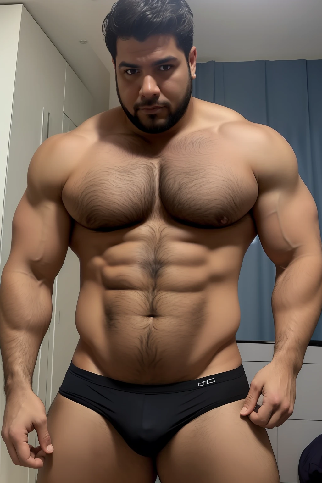 Um homem gordo e peludo sem camisa
