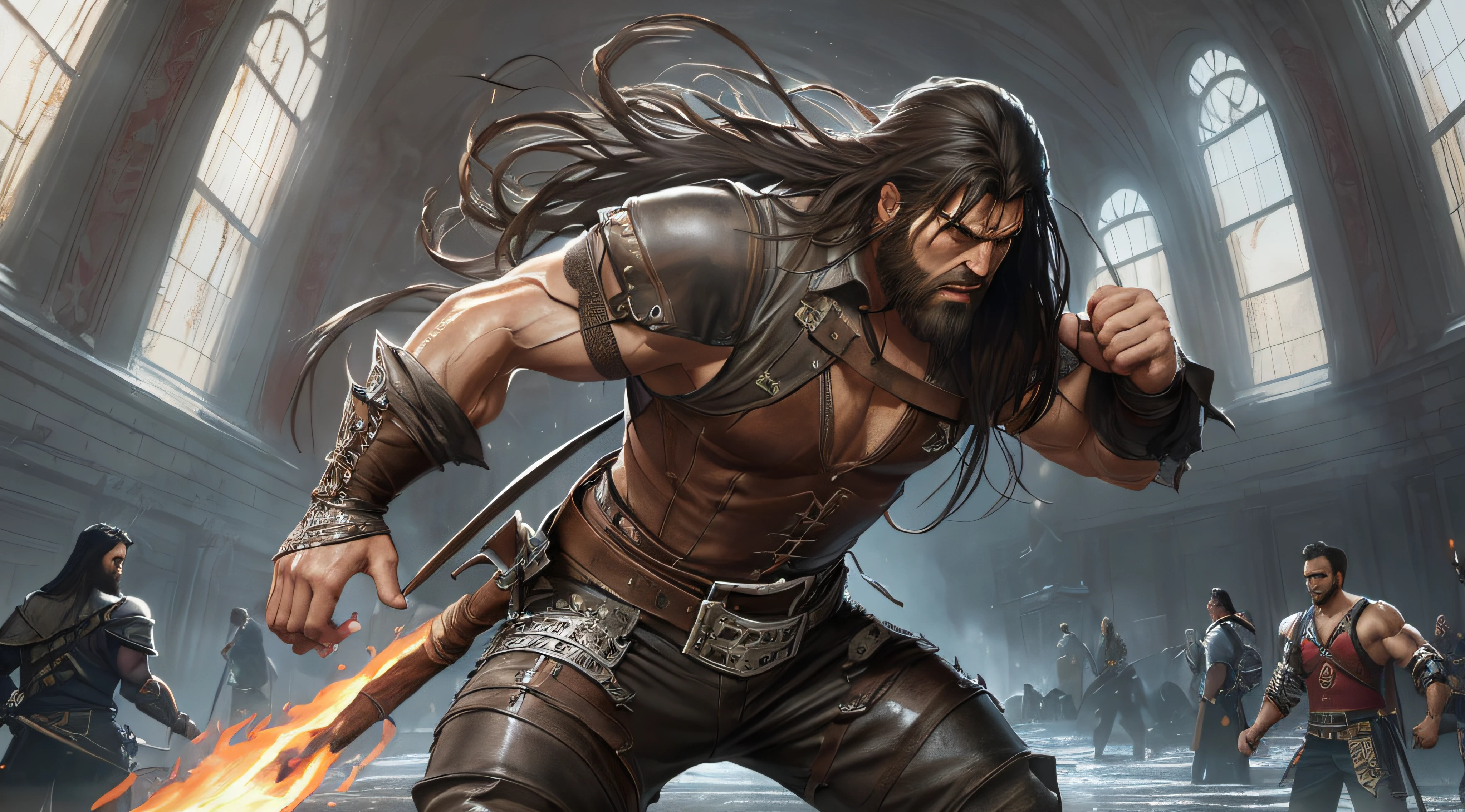 soft lustrous male hero, ((epic heroic fantasy muscular rugged wet hero angry looking with long hair and beard and fierce looking)), full body 32k unity render, action shot, skin pores, very dark lighting, heavy shadows, detailed, detailed face, (vibrant, photo realistic, realistic, dramatic, dark, sharp focus, 32k), (weathered damaged old worn leather outfit:1.4), (intricate:1.4), decadent, (highly detailed:1.4), digital painting, octane render, artstation, concept art, smooth, sharp focus, illustration, art by artgerm, (loish:0.23), wlop ilya kuvshinov, and greg rutkowski and alphonse mucha gracias, (global illumination, studio light, volumetric light)