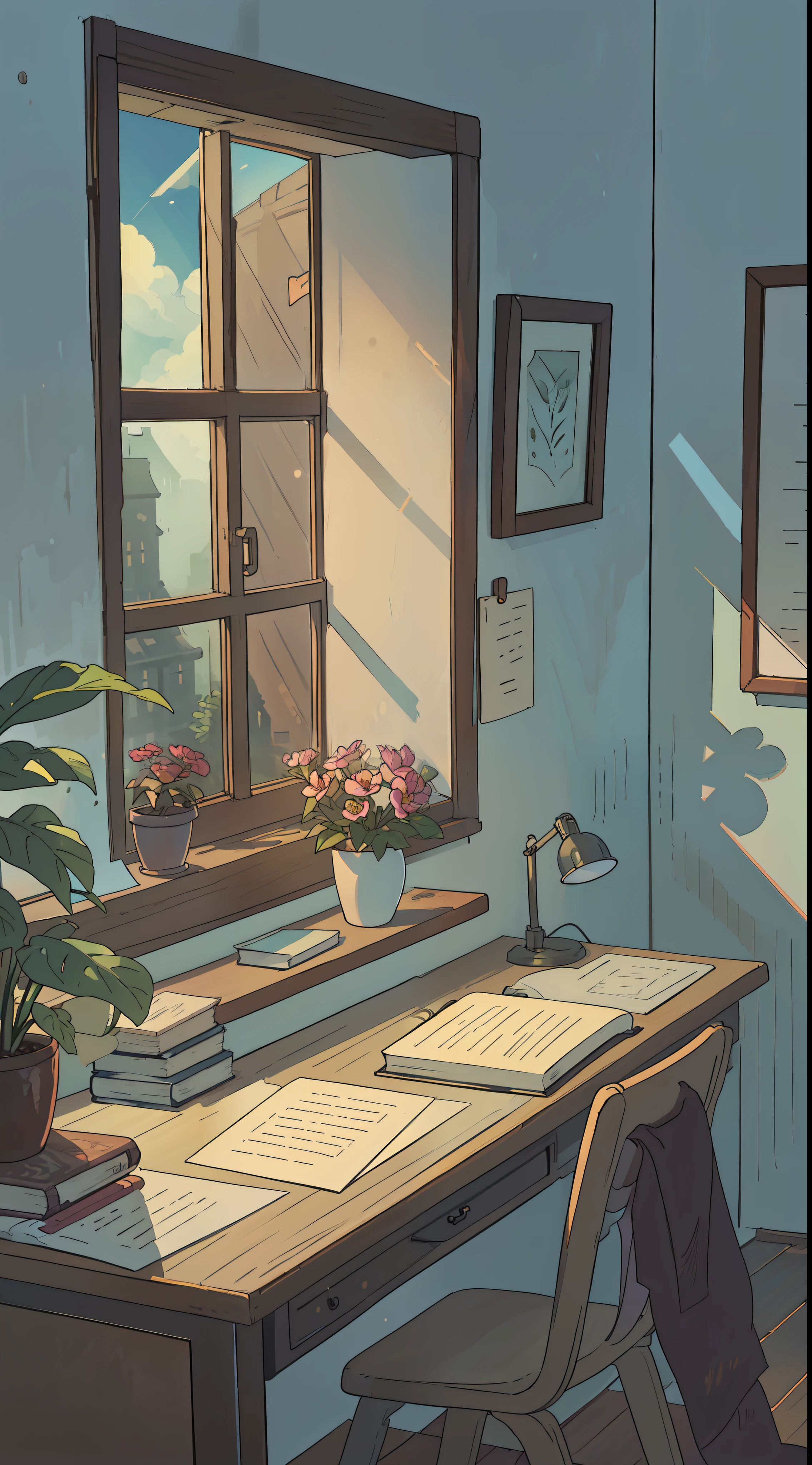 A masterpiece,the best qualityt,high qualit,early in the morning,The desk is by the window,Sunlight shines through the window on the desk top,There are flowers by the window,Plante,book