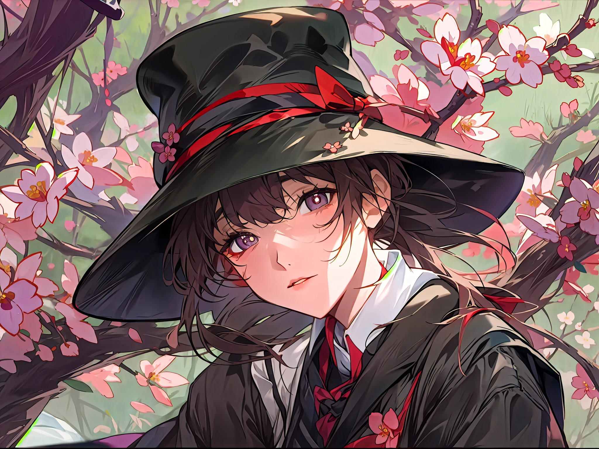 The best, highest quality, masterpiece, JK uniform, black hat with a plum blossom, red plum blossom shaped pupils, small chest, sitting on the bed, perfect face,