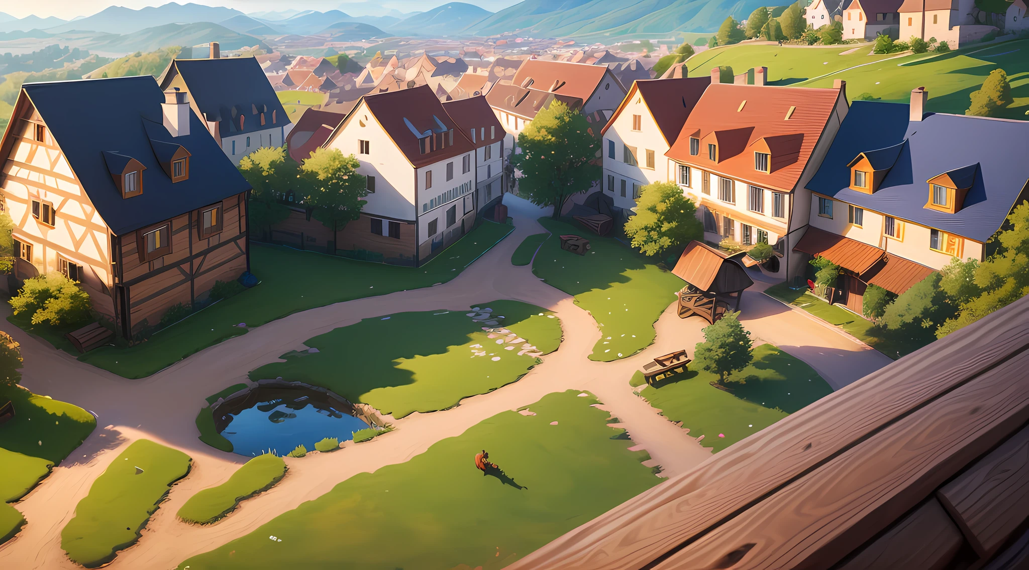 Masterpiece, best quality, (very detailed CG unit 8k wallpaper) (best quality), (best illustration), (best shadows) a villager sitting on a wooden bench on a hill, looking at a small medieval town, delicate petal sheets of various colors falling into the air, ray tracing, ultra detailed, aeria view --v6