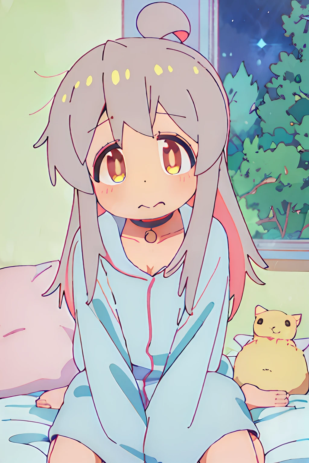 Anime characters lying in bed，Wear dog and cat clothes, Cute:2, yama no susume, yuruyuri, Cute anime, Soft anime illustration, anime yuru camp, draped in pink and green robes, at pixiv, Kizi, cheerfulness!!!, shirabii, Night!, yuru camp, 8K!!, Pisif，（tmasterpiece，best qualtiy，high qulity，A high resolution：1.4），the detail，The is very detailed，ambient soft lighting，4K，（Very detailed eyes：1.2）， 1girl， Be red in the face， is shy， full bodyesbian， closeup cleavage， （Bedrooms：1.2）， （wariza：1.4）， （angle of view：1.4）， （natta：1.4）， can't be this cute， （Blue pajamas：1.2）， from the above， Speaking heart， The barefoot，Oyama Makoto，play