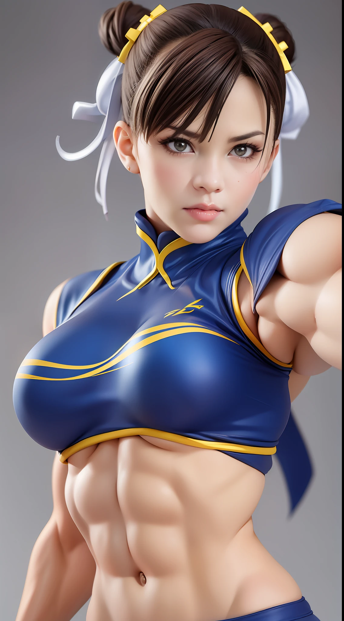 (Street Fighter Chunli),(Chun Li's classic look),(Two hair buns)Chun- li,Muscular woman posing for a photo, Crop top and(Abs), (Small chest 1.2),(Sexy clothing 1.2),Fitness woman, Perfect muscle structure, athletic body build, Sexy muscles, Body movement,Attractive body,(Classic fighting moves),Bust,Kodak 135 lens,Studio lighting