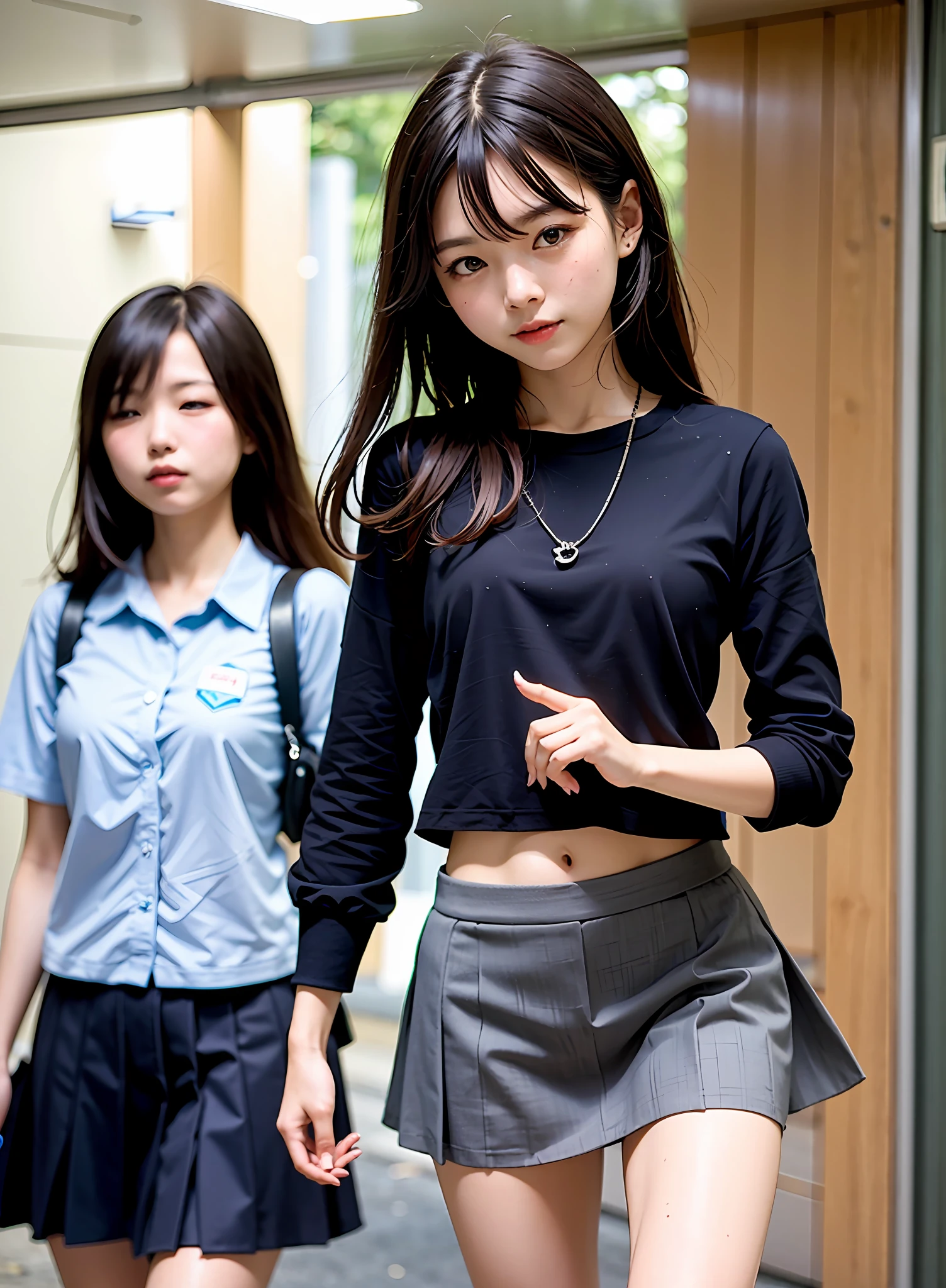 8K、Top image quality、masterpiece、夏天、(She closed only her right eye:1.5)、Japanese high school girl、On the way to school、Summer Uniforms、shortsleeves、Knee-length skirt、Enjoy conversations with friends