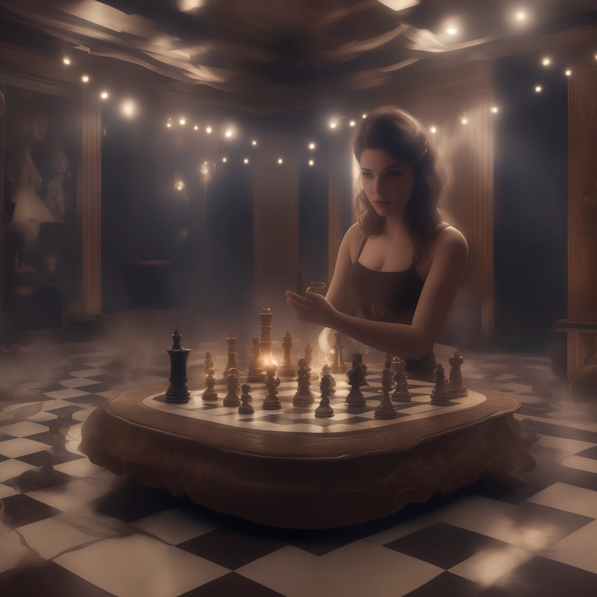Intelligently and creatively portray the Lady piece of a chess game, ganhando vida no Conselho, She grabs her hands and captures a spinning top in a sexy way and devours it, she's the spinning top., they are the center of the scene and the spinning top;, Create an amazing immersive environment for this scene, a cinematic shot with contrasts of lights, Efeitos Especiais, tudo o que tem direito ao acontecimento dos fatos , Nods will always occur in the center of the scene capture without interference in that main area