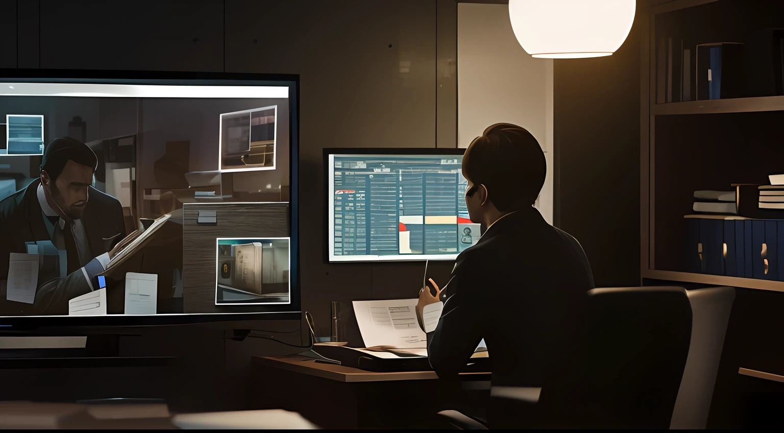 A perfect photo of a detective inside an office analyzing a board of an investigation , (best quality, photorealistic, hyper realistic, masterpiece, ultra realistic), HDR, 8k resolution, high resolution, high detail, --auto