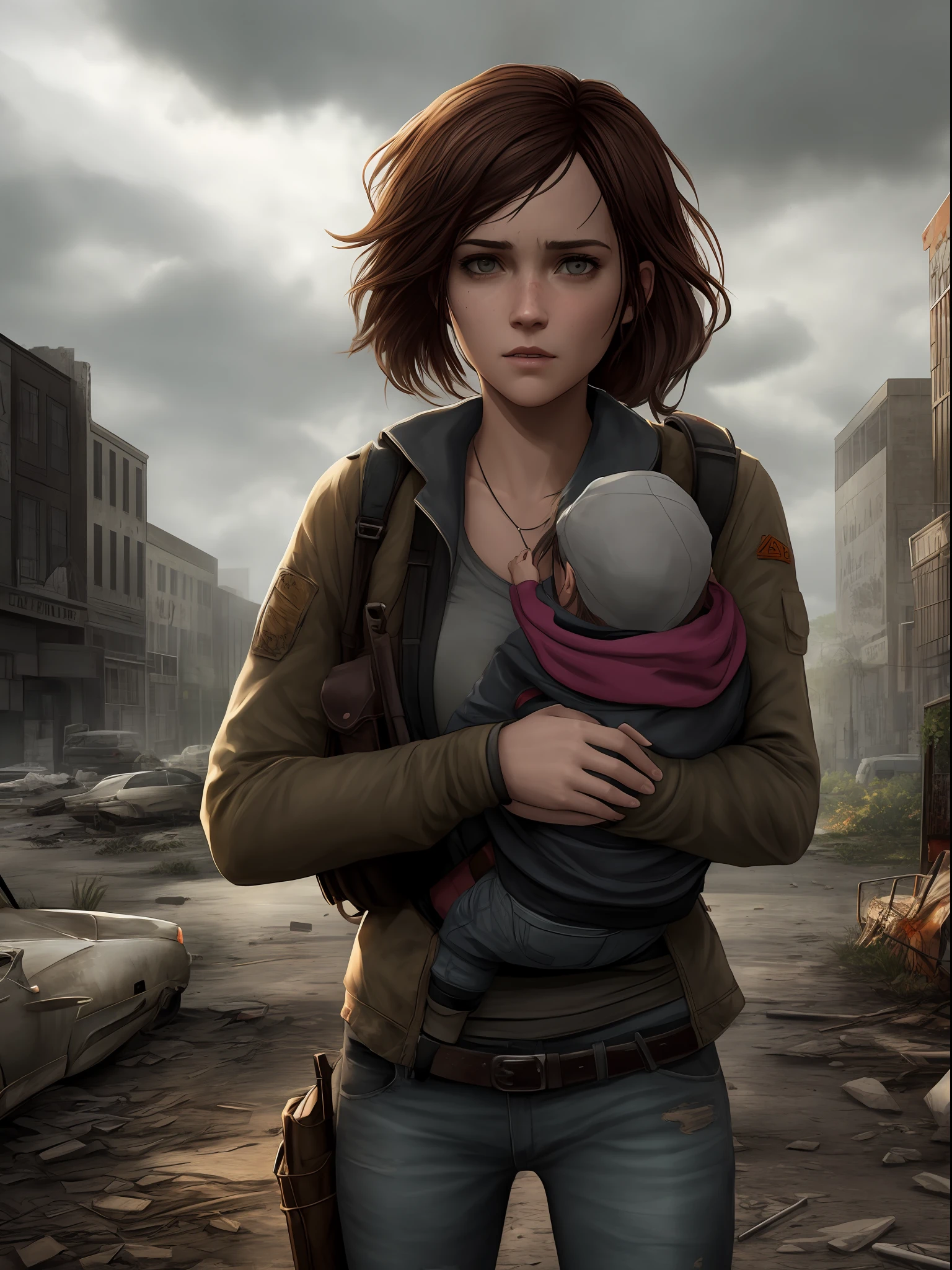 Imagine uma capa para o livro "Fim", A Story of Survival in the Zombie Apocalypse. A capa apresenta um fundo escuro e opressivo, with threatening clouds. No centro da capa, Destaques Vick, a protagonista corajosa, 14 anos, Holding the  in your arms, Ellie Face The Last of Us Game. She's in a pose of determination, with the gaze reflecting courage and resilience. Ao redor de Vick, sombras sinistras de zumbis se destacam, conveying the constant threat she faces. The title "Fim" aparece em letras marcantes e impactantes, talvez com um efeito de textura ou sombreamento. detalhes sutis, as rubble or a symbol representative of the plot, can be added to accentuate the post-apocalyptic mood.