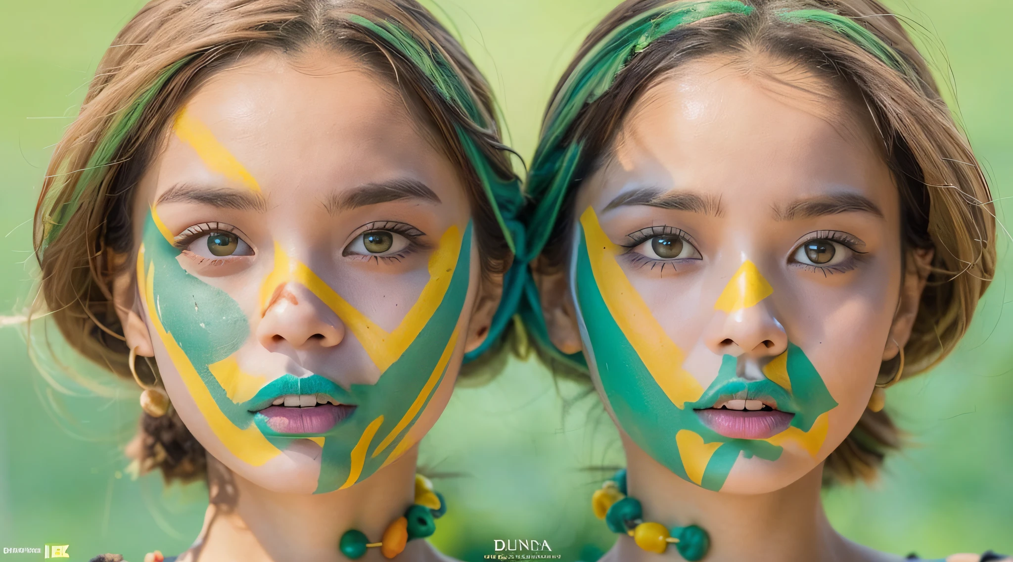 Duas jovens com cabelos longos e olhos verdes posam para uma foto, Duas meninas, beautiful gemini twins portrait, meninas jovens, cor da pele da azeitona, pele de cor verde, gen z, beautiful highly symmetric faces, beautiful gemini twins, retrato colorido, Dafne Keen, meninas fofas, sisters, color photograph portrait 4k, cores altamente contrastadas, Directed by: Fernando Gerassi