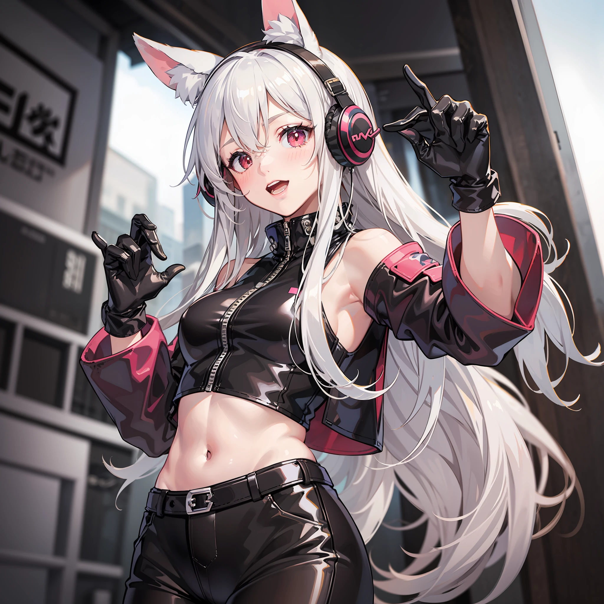 (RAW Photo, Best Quality, Masterpiece: 1.2), (Realistic, Photo Realistic: 1.4), (Masterpiece: 1.4), (Best Quality: 1.4), 1 Girl, Solo, :d, Animal Ear Headphones, Animal Ears, Arms Up, Bangs, Blush, Tights, Breasts, Rabbit Pose, Clothes Writing, Covering Belly Pollar, Denim Shot, Crop Jacket, Fake Animal Ears, Gloves, Outdoor, Morning, Snow, Hair Intake, Headphones, Impossible Tights, Impossible Clothes, Jacket, Room, Latex , latex tights, long hair, long sleeves, looking at the audience, room, multicolored gloves, open mouth, pink tights, pink eyes, red eyes, red jacket, shiny clothes, shrugged\(clothes\), sideburns, skin tightness, smile, thigh gaps, thighs, double tails, very long hair, white gloves, white hair, alice \ (nikke\), (shiny skin), reality,