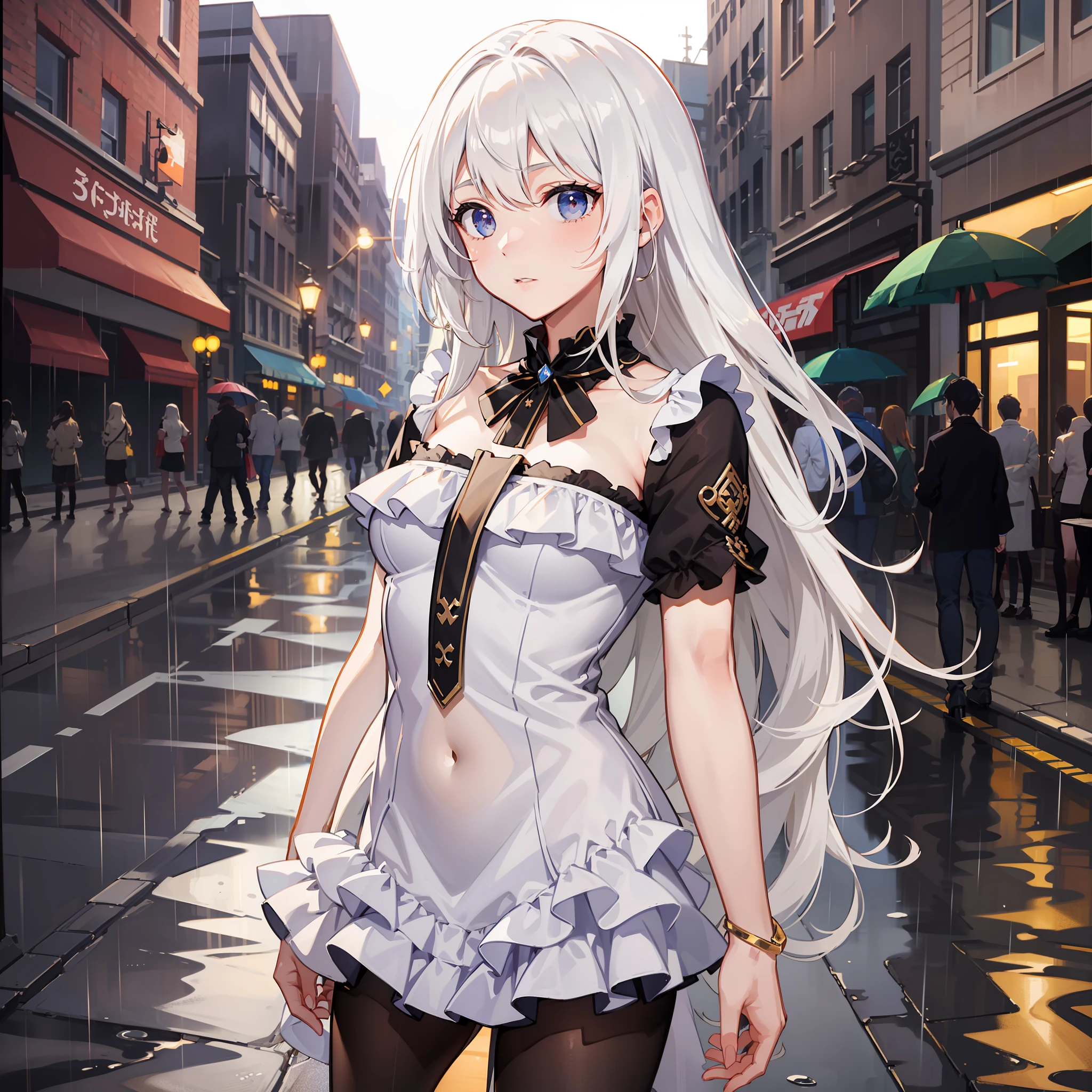 ((Best Quality, 8k, Masterpiece: 1.3)), Focus: 1.2, Perfect Body Beauty: 1.4, Buttocks: 1.2, ((Layered Haircut, Flat Chest: 1.2)), (Rain, Street:1.3), Bandeau Dress: 1.1, Highly Detailed Face and Skin Texture, Fine Eyes, Double Eyelids, Whitened Skin, Long Hair, (Shut Up: 1.3), Full Body