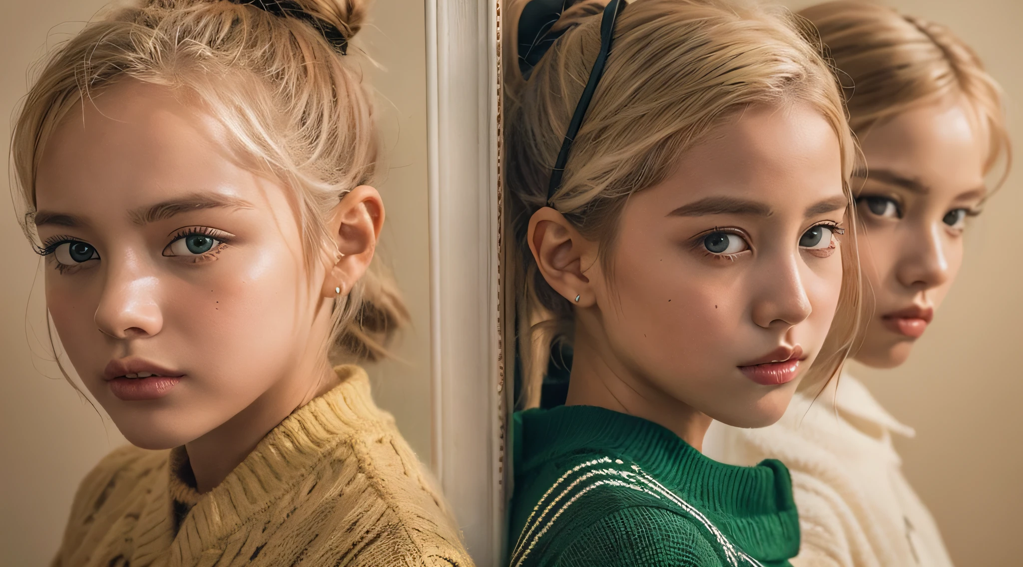 Duas kids blondies com cabelos longos e olhos verdes posam para uma foto, Duas s, beautiful gemini twins portrait, meninans, cor da pele da azeitona, pele de cor verde, gen z, beautiful highly symmetric faces, beautiful gemini twins, retrato colorido, Dafne Keen, meninas fofaters, color photograph portrait 4k, cores altamente contrastadas, Directed by: Fernando Gerassi