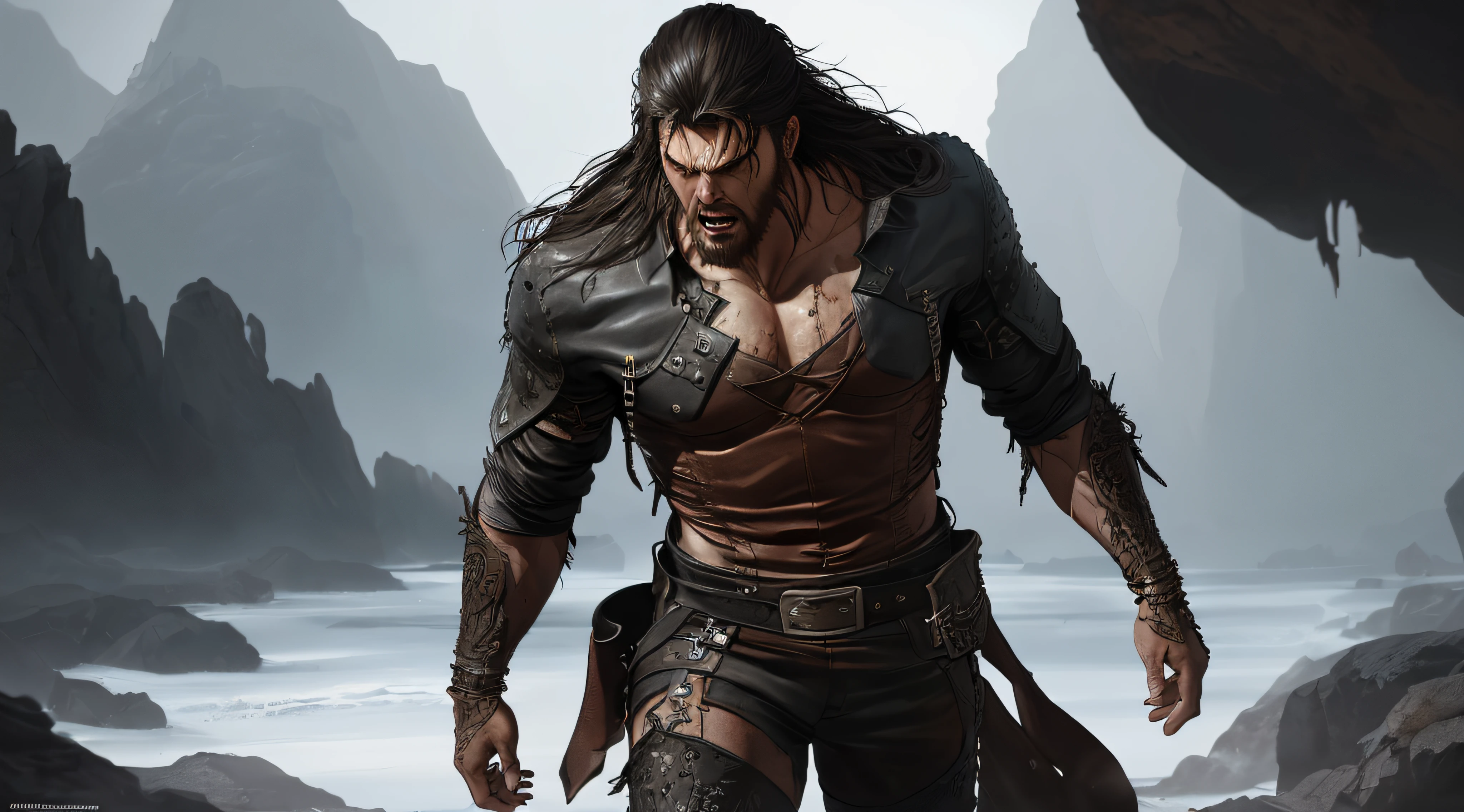 soft lustrous male hero, ((epic heroic fantasy muscular rugged wet hero angry looking with long hair and beard and fierce looking)), full body 32k unity render, action shot, skin pores, very dark lighting, heavy shadows, detailed, detailed face, (vibrant, photo realistic, realistic, dramatic, dark, sharp focus, 32k), (weathered damaged old worn leather outfit:1.4), (intricate:1.4), decadent, (highly detailed:1.4), digital painting, octane render, artstation, concept art, smooth, sharp focus, illustration, art by artgerm, (loish:0.23), wlop ilya kuvshinov, and greg rutkowski and alphonse mucha gracias, (global illumination, studio light, volumetric light)