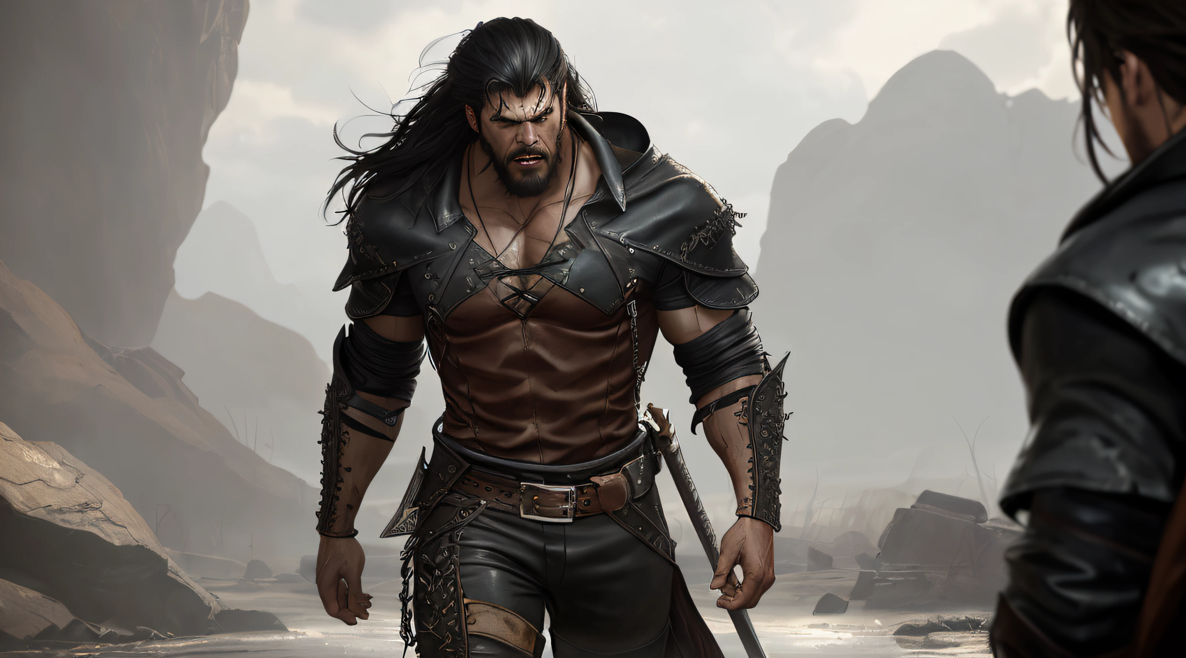 soft lustrous male hero, ((epic heroic fantasy muscular rugged wet hero angry looking with long hair and beard and fierce looking)), full body 32k unity render, action shot, skin pores, very dark lighting, heavy shadows, detailed, detailed face, (vibrant, photo realistic, realistic, dramatic, dark, sharp focus, 32k), (weathered damaged old worn leather outfit:1.4), (intricate:1.4), decadent, (highly detailed:1.4), digital painting, octane render, artstation, concept art, smooth, sharp focus, illustration, art by artgerm, (loish:0.23), wlop ilya kuvshinov, and greg rutkowski and alphonse mucha gracias, (global illumination, studio light, volumetric light)