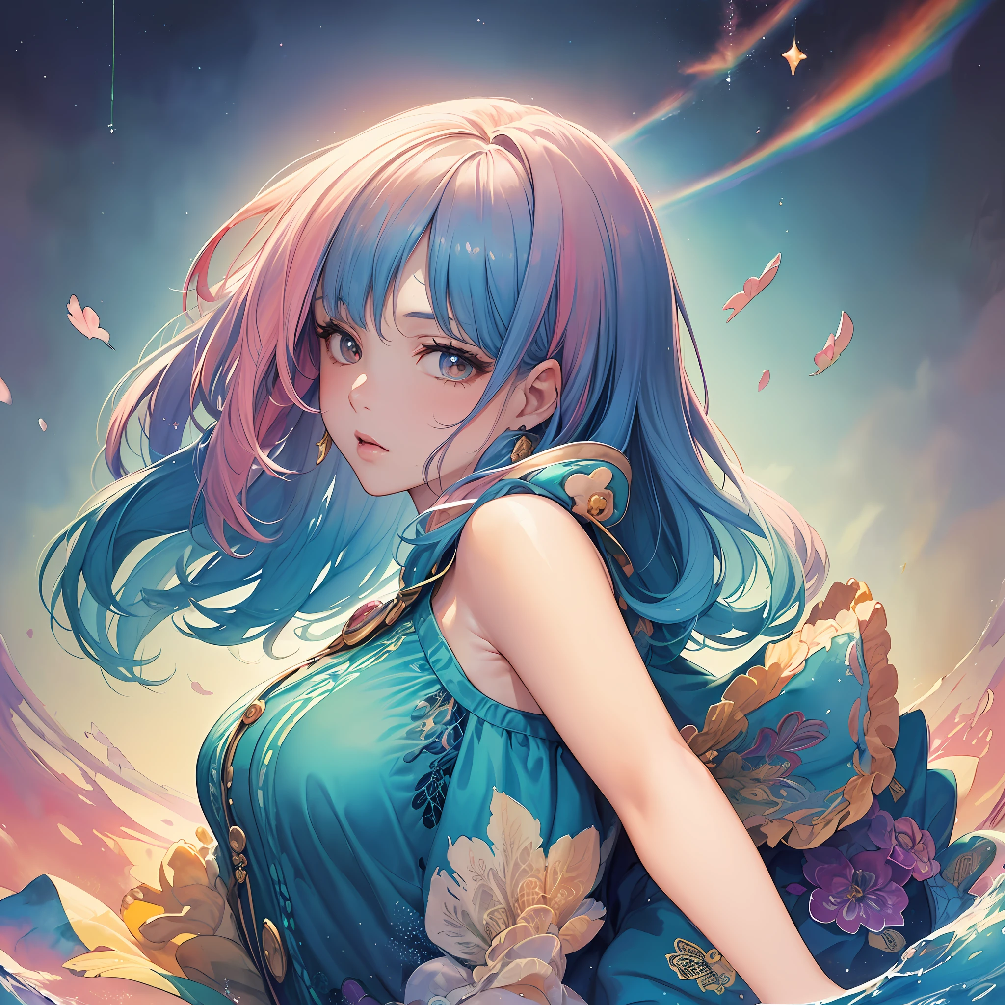 (masterpiece, top quality, best quality,watercolor (medium),official art, beautiful and aesthetic:1.2),(1girl:1.3), (fractal art:1.3),upper body, from side, looking at viewer,patterns,(rainbow color Hair,colorful hair,half blue and half pink hair:1.2),water,liquid, cloud,colorful, starry,stars,