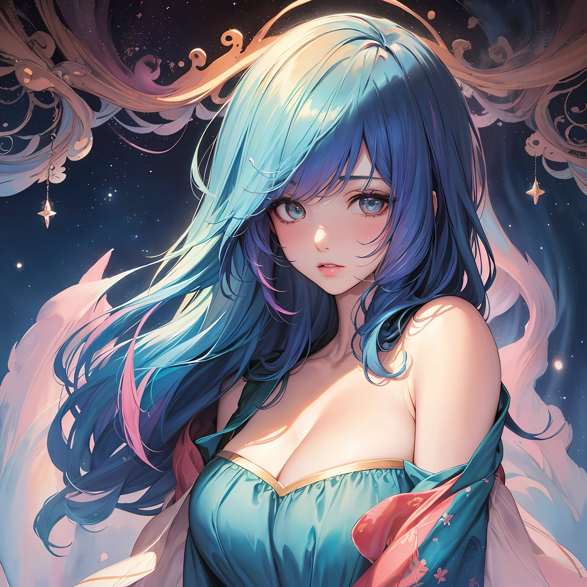(masterpiece, top quality, best quality,watercolor (medium),official art, beautiful and aesthetic:1.2),(1girl:1.3), (fractal art:1.3),upper body, from side, looking at viewer,patterns,(rainbow color Hair,colorful hair,half blue and half pink hair:1.2),water,liquid, cloud,colorful, starry,stars,
