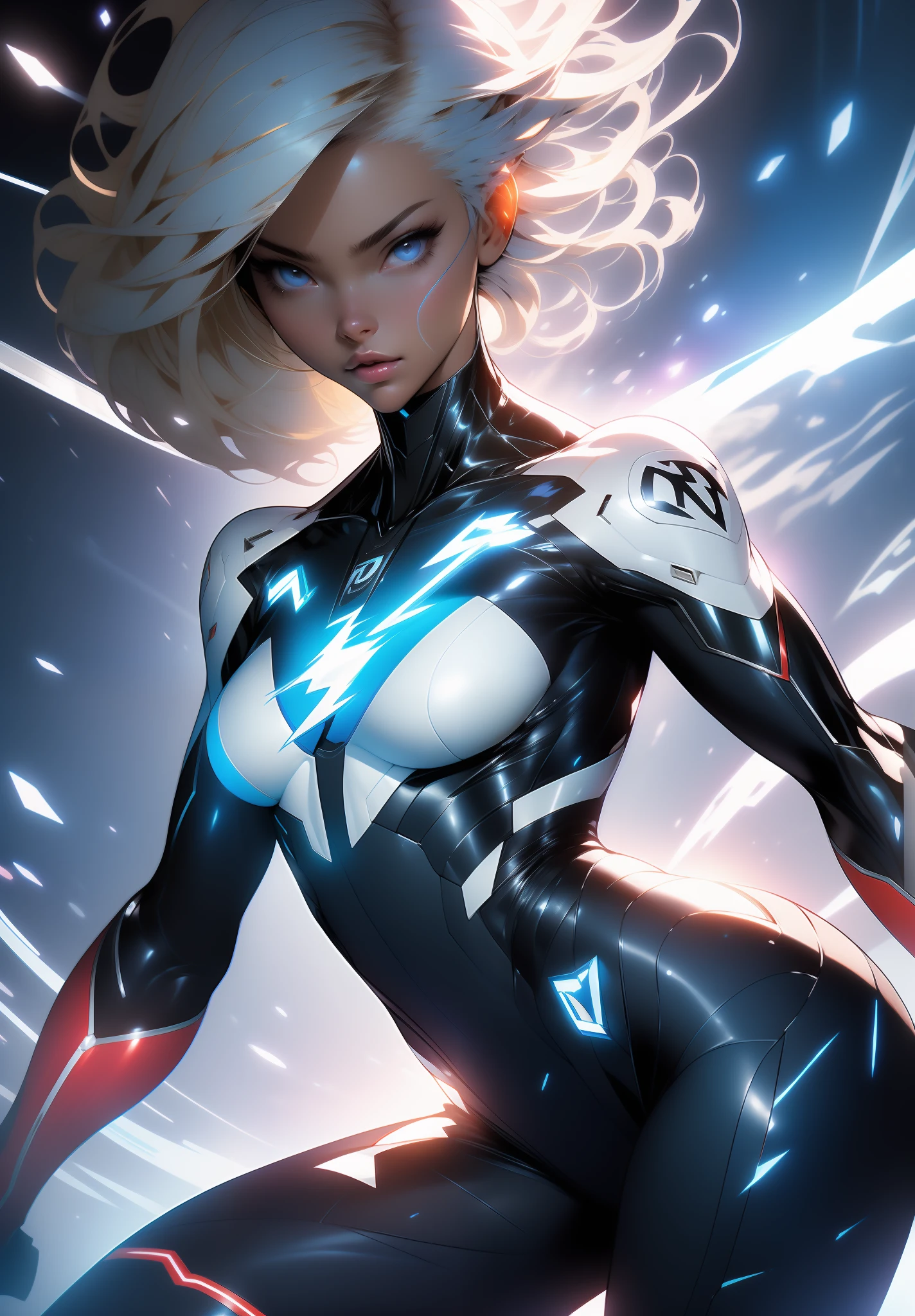 ((Best quality)), ((masterpiece)), (detailed: 1.4), (Absurd), Hot Latina woman fighter pilot ready for war, dark skin, (((flash dc comics)))), lightning and lightning, muscular sculptural body defined, (((full body))), half-thick naked thighs, closed mouth, muscular body covered in technological clothing, Neon Genesis Evangelion style, cyberpunk, generous neckline, ((perfect small breasts)), (black eyes without pupils),  ((totally white clothing with blue rays)), (((short dark blonde hair straight with)))), long and black eyelashes heavy makeup, garter belt, by mucha, niji --V5, near real, psychopath, crazy face, sexy pose, red and white background, 2 piece clothing, pastel, centered, scale to fit dimensions, HDR (High Dynamic Range),Ray Tracing,NVIDIA RTX,Super-Resolution, Unreal 5,Subsurface Dispersion, PBR Texture, Post-processing, Anisotropic Filtering, Depth of Field, Maximum Clarity and Sharpness, Multilayer Textures, Albedo and Specular Maps, Surface Shading, Accurate Simulation of Light-Material Interaction, Perfect Proportions, Octane Render, Two-Tone Lighting, Wide Aperture, Low ISO, White Balance, Rule of Thirds, 8K RAW, Crysisnanosuit