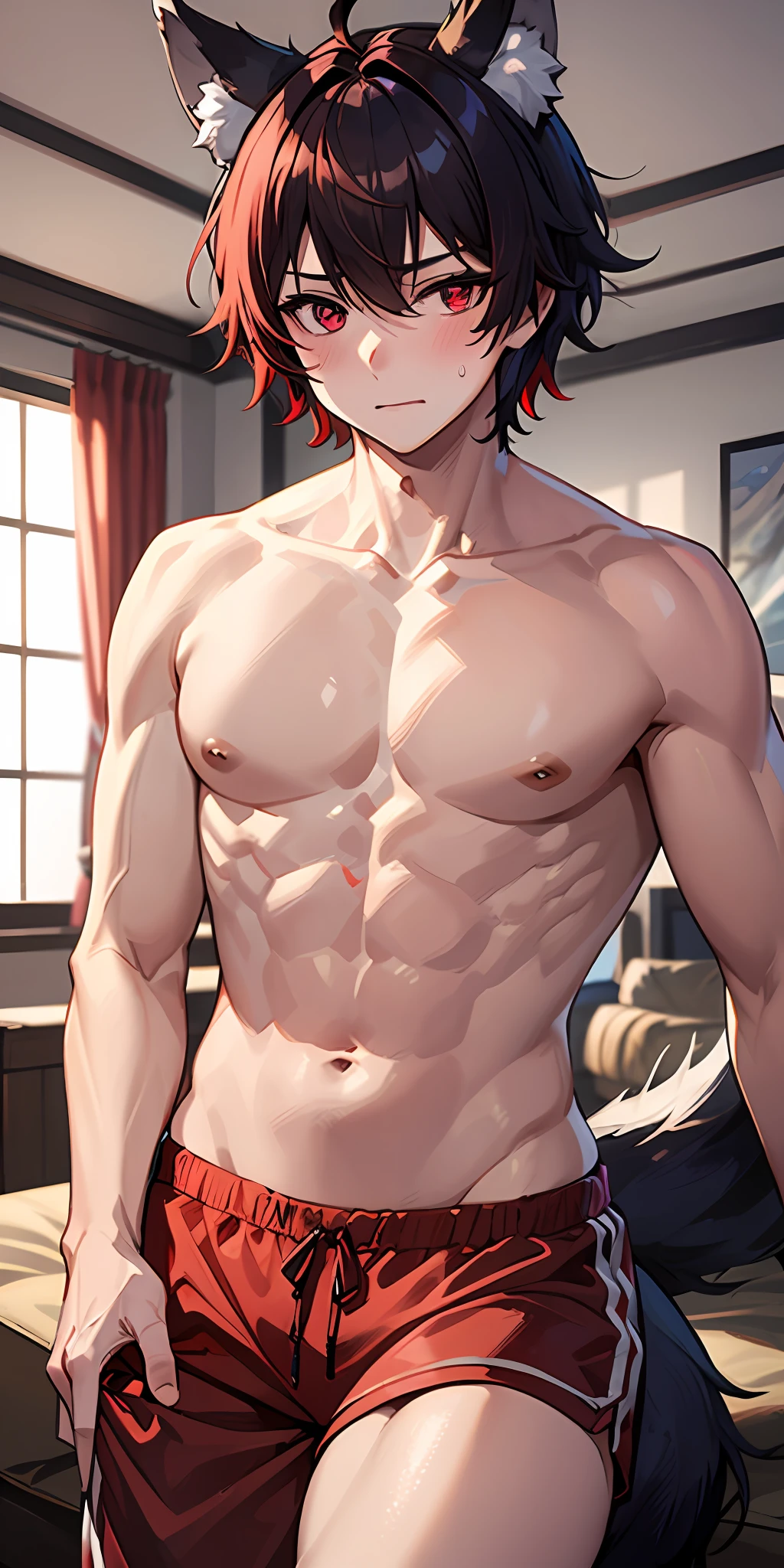 1boy, wolf ears, wolf tail, short fluffy red hair, red eyes, slim waist, ultra masterpiece, shirtless, sweatpants, living room setting, big thighs, seductive, blush, wide hips