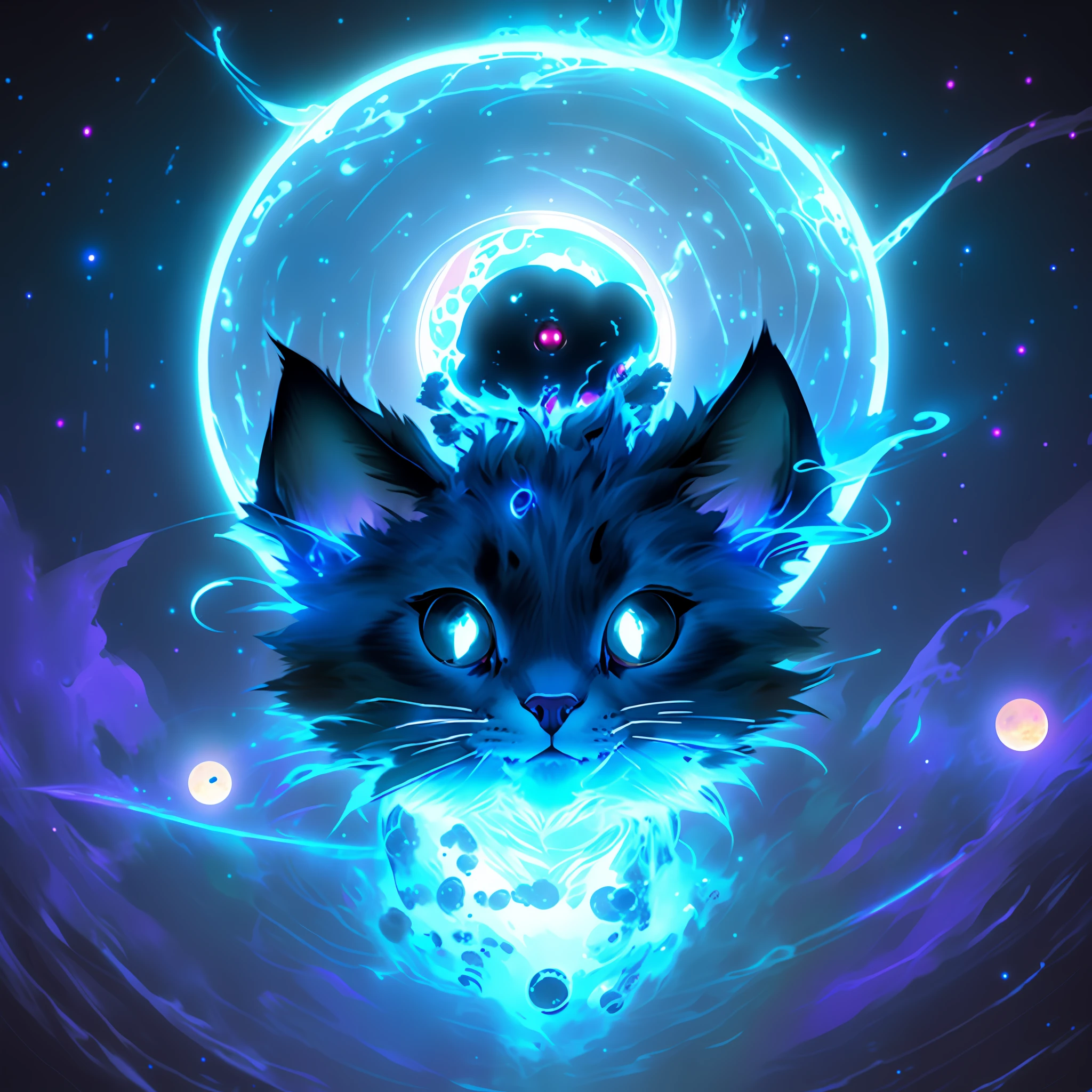 Cartoon alien cat with glowing halo of eyes and full moon, galactic deity, Mobile game art, Galactic entity, android mystic, alien god, mobile game style, game icon stylized, cosmic entity, space alien, inafune design, cute cyber gods, many terrible eyes in space, Glovin's eyes, game icon asset