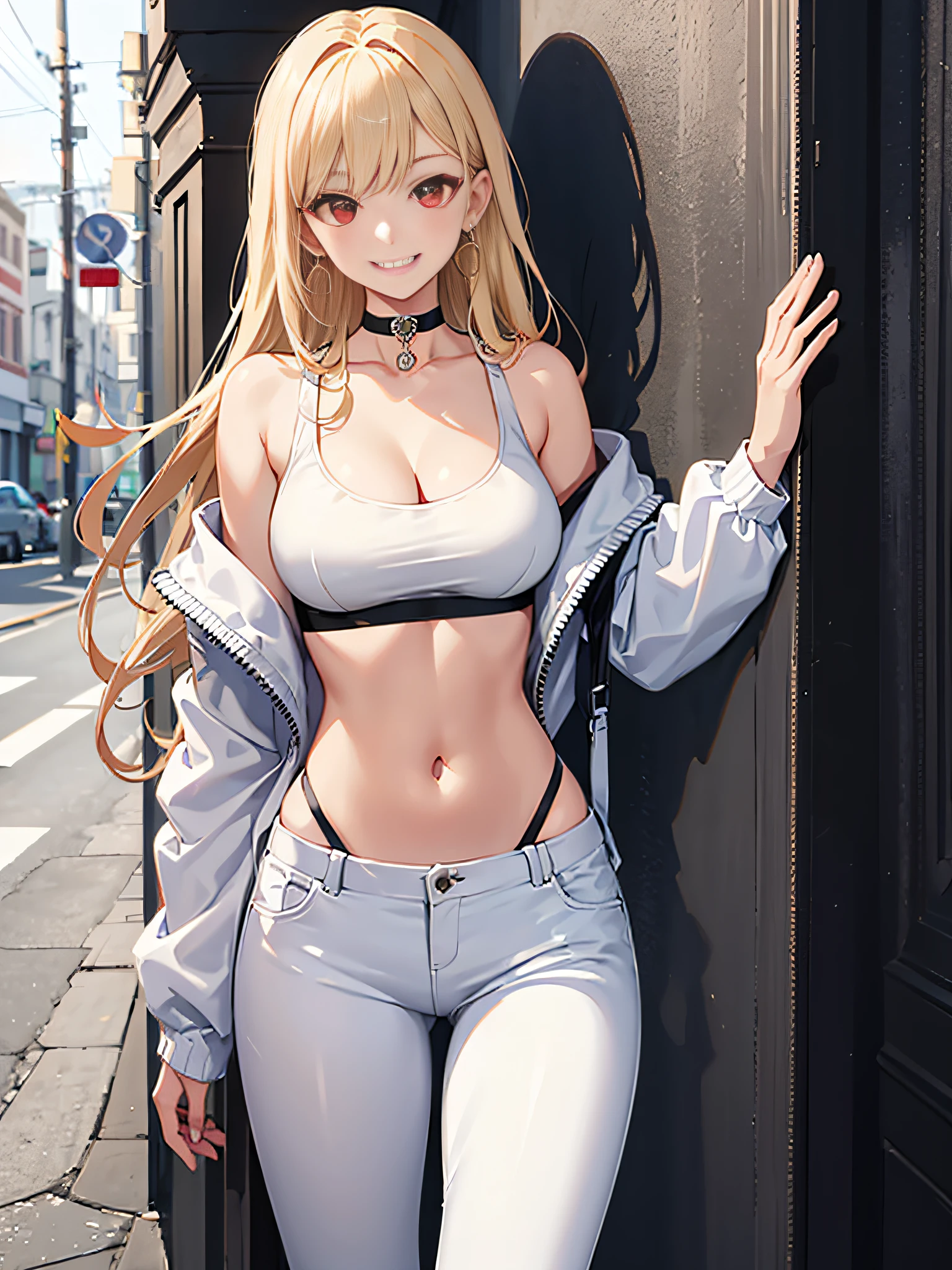 1girl, leaning against wall, large breasts, solo, white pants, white crop top, white jacket, long hair, navel, red eyes, off shoulder, choker, smile, jewelry, looking at viewer, earrings, open clothes, blonde hair, cleavage, grin, midriff, bare shoulders, collarbone, sleeveless, standing,