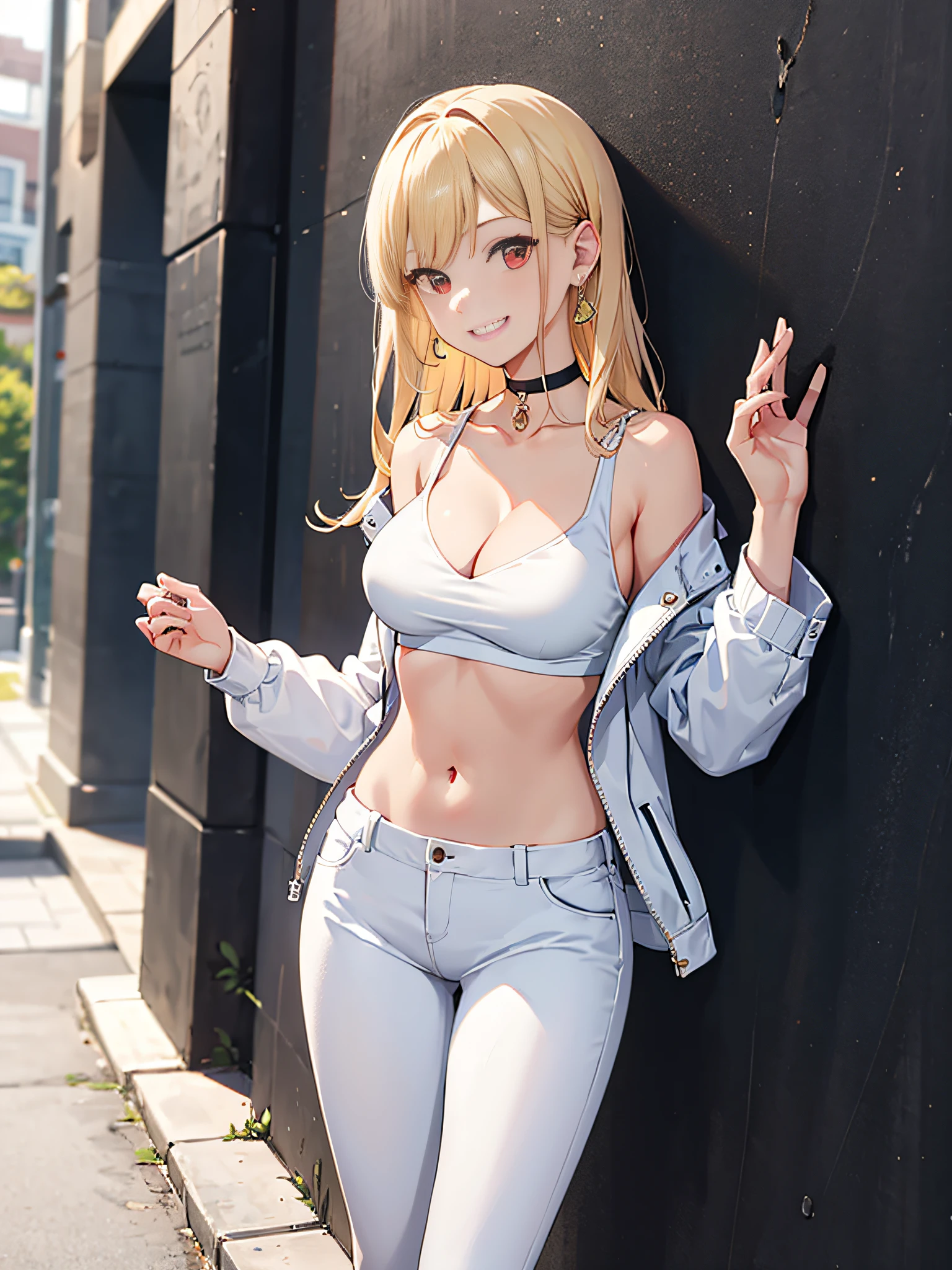 1girl, leaning against wall, large breasts, solo, white pants, white crop top, white jacket, long hair, navel, red eyes, off shoulder, choker, smile, jewelry, looking at viewer, earrings, open clothes, blonde hair, cleavage, grin, midriff, bare shoulders, collarbone, sleeveless, standing,