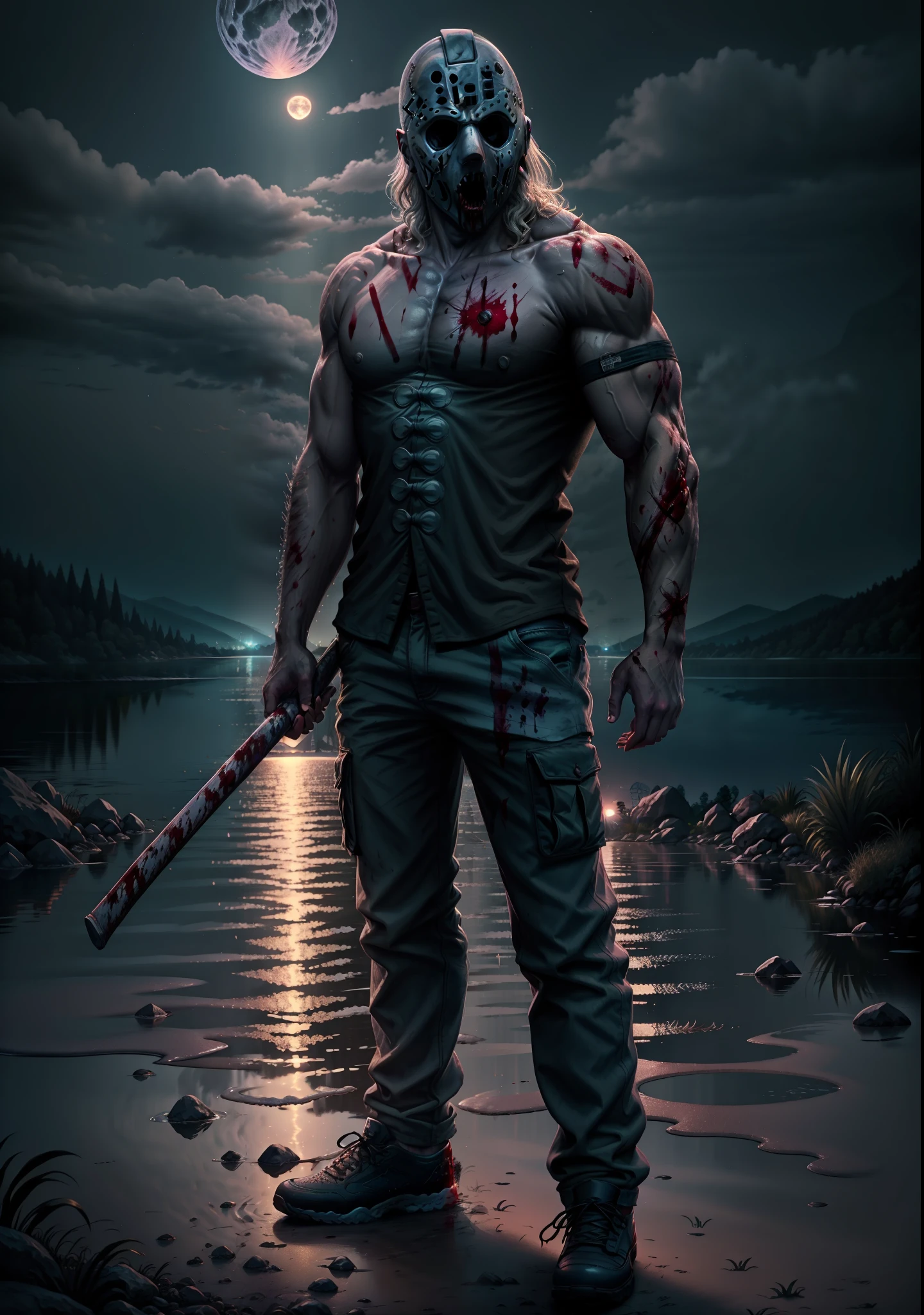 uma pessoa com uma faca e uma camisa segurando uma faca, Jason Voorhees, JASON, Lago Cristal como pano de fundo, lago a noite, acampamento a noite, Sem camisa cheio de sangue, shirtless with blood on body