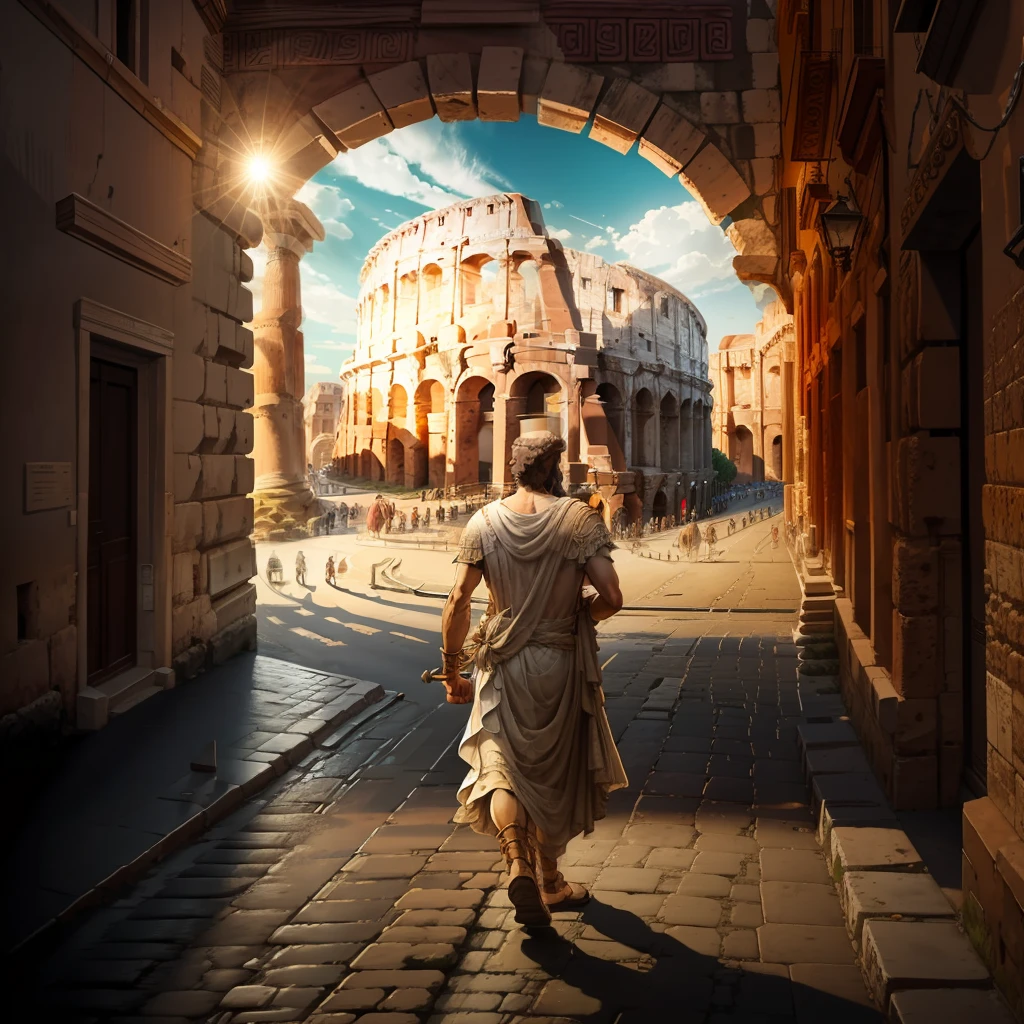 Ancient Greece Man walking in the distance on road surrounded by the Colosseum --auto
