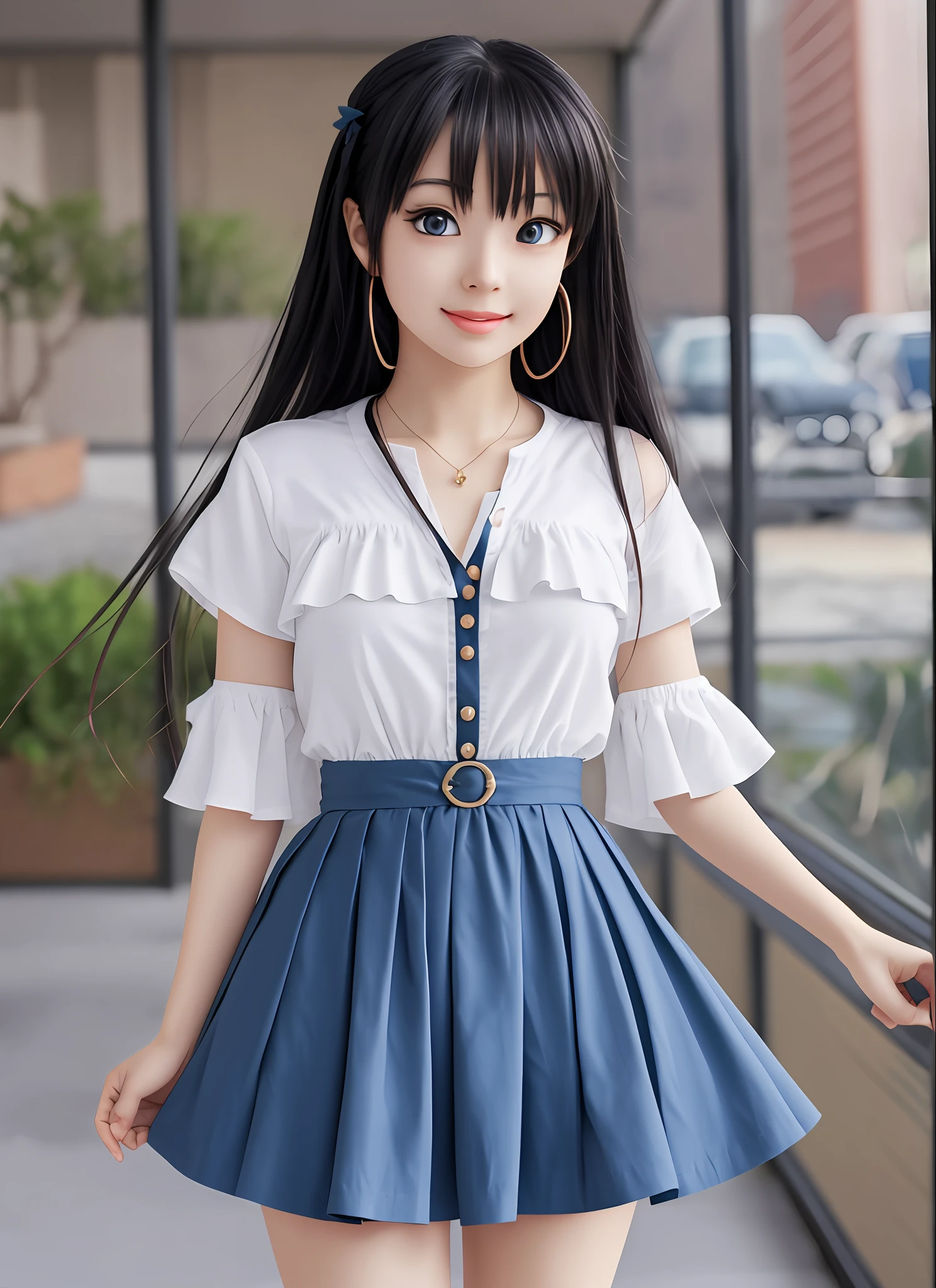 90s anime girl, white, Black hair, cute hair, BLUE dress, delicada, classic