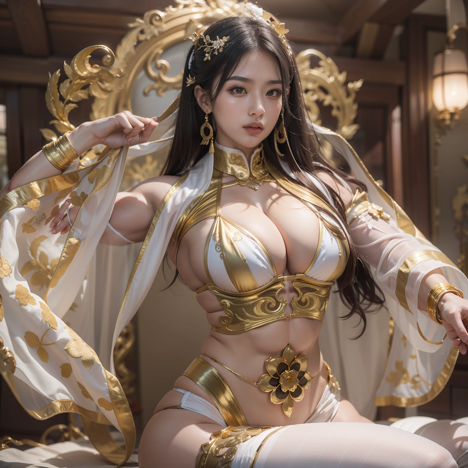 In the room is an ancient Chinese woman wearing a white bikini and a delicate Hanfu embroidered with gold decorations，poses in the room, Very beautiful. Big muscles, exaggeratedly large physique, huge muscle, Thick body, absurdly massive physique, powerful and huge, strong and imposing, bodybuilder superhero bikini, giant stunning goddess shot, Large muscles, Big muscles, hyperrealistic full figure, Huge muscles, thicc, beautiful thick female，（super high precision，realisticlying，Best picture quality，High fidelity），（8K full size，Main image，The picture is excellent），（physically-based renderingt，automatic white balance，Global illumination effect）