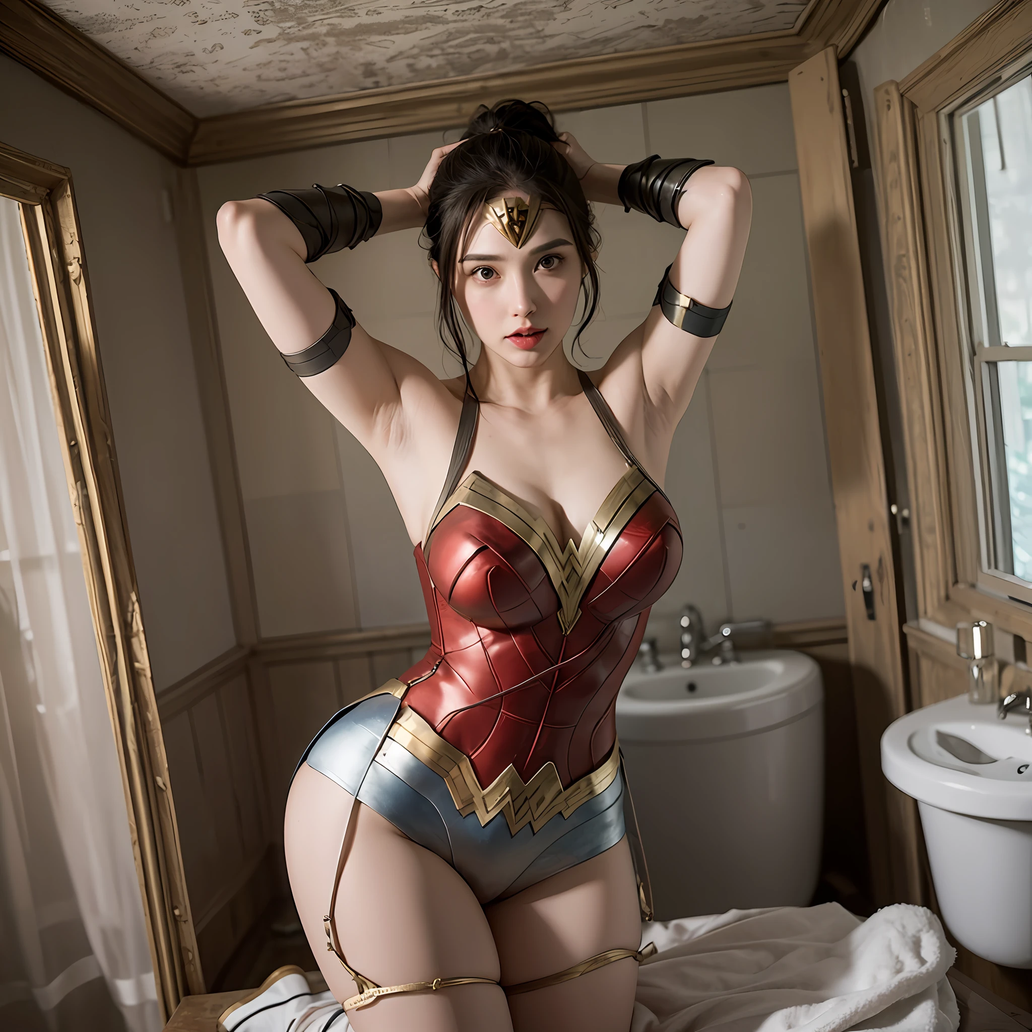 photo of Gal Gadot, RAW, beautiful woman hair updo upsweep, (toilet), (in abandoned house), (showing shave armpits), ((darkness: dimly lit)), (see through nipple from wear), (Wonder Woman costume), huge cleavage, (full body:1), sexy figure, (big boobs:1), (big ass:1), (masterpiece) (perfect proportion)(realistic photo)(best quality) (detailed) (8k) (HDR) (wallpaper) (cinematic lighting) (sharp focus) (intricate) --auto --s2