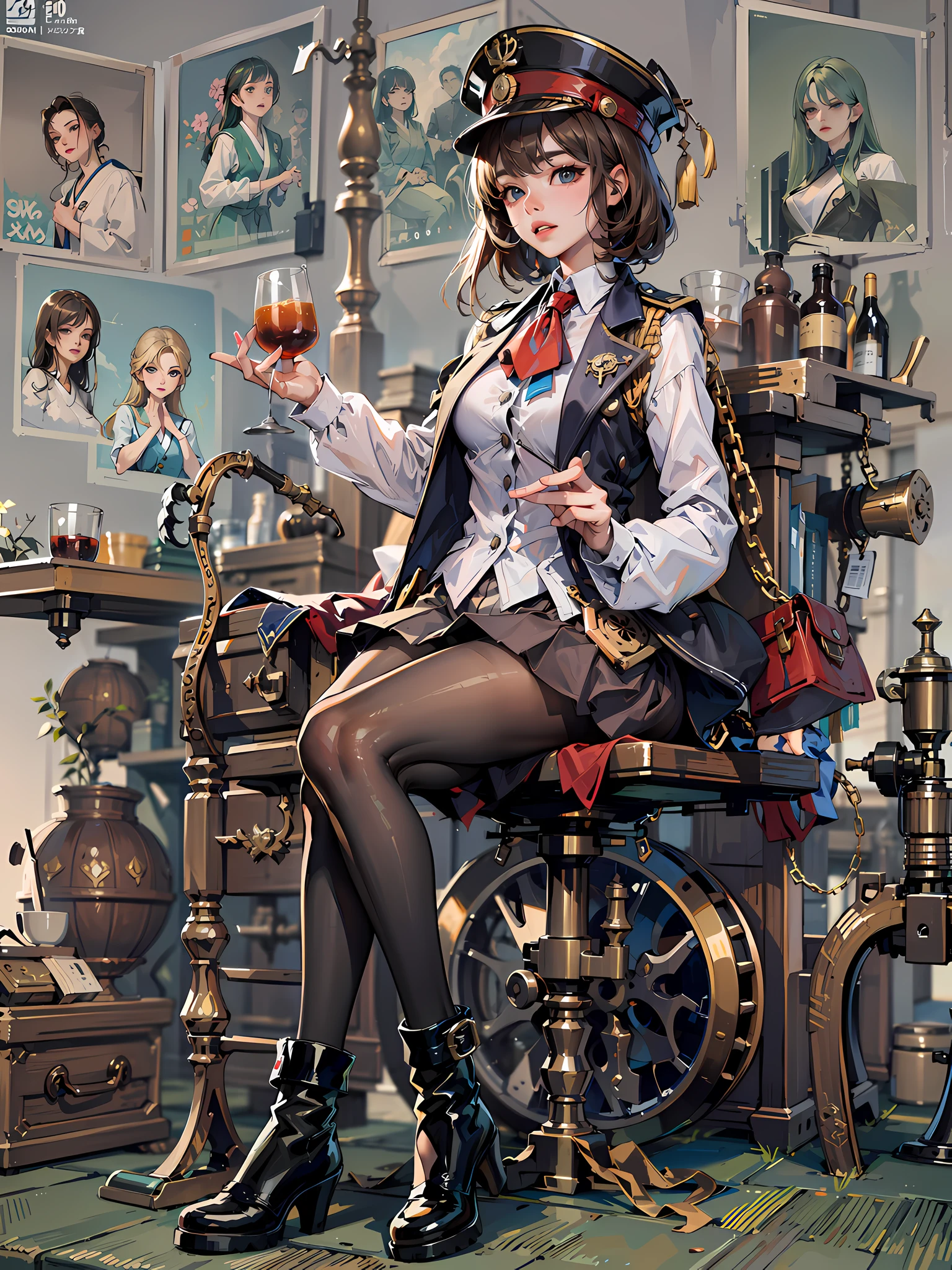 ulzzang-6500-v1.1, (steampunk,raw photo:1.2), (photorealistic:1.4), beautiful detailed girl, very detailed eyes and face, beautiful detailed eyes, ridiculous, incredibly ridiculous, huge file size, super detailed, high resolution, very detailed, best quality, masterpiece, sailer uniform, ((Japanese girls' high school uniform)), illustration, very detailed, CG, unified, 8k wallpaper, amazing, Fine details, masterpiece, best quality, very detailed CG uniform 8k wallpaper, light on face, cinematic lighting, 1girl, , ((no panties)), ((dynamic pose))), (pantyhose), (knee-bending leg sitting))long legs, thin waist, very small buttocks, ultra-fine makeup, ultra-fine clothing,