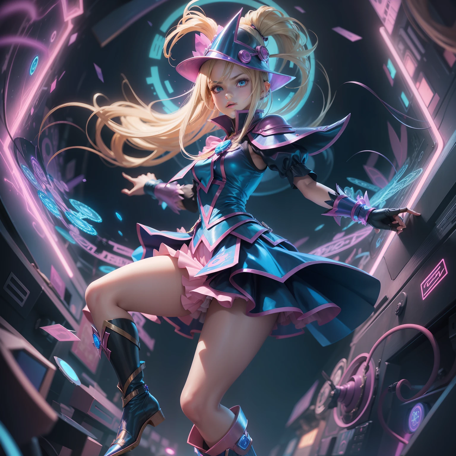 A masterpiece, Dark magician young girl from yugioh, Blond Hair, pink skirt, blue boots, blue blouse, perfect body, perfect face, detailed and intrincicated, at a neon background, isometrical fractal bioluminicense, HD, photoshoot