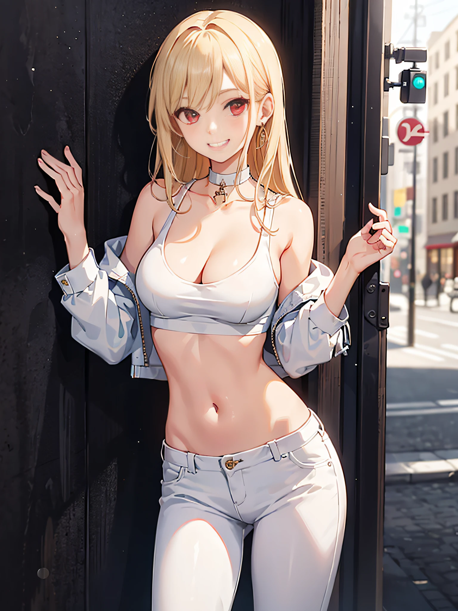 1girl, leaning against wall, large breasts, solo, white pants, white crop top, white jacket, long hair, navel, red eyes, off shoulder, choker, smile, jewelry, looking at viewer, earrings, open clothes, blonde hair, cleavage, grin, midriff, bare shoulders, collarbone, sleeveless, standing,