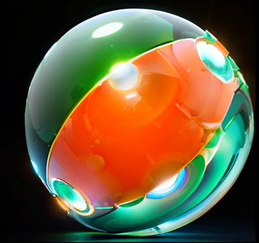 there is a close up of a ball with a green and orange design, orange and green power, translucent sphere, bright green dark orange, glowing sphere, green and orange theme, sphere, orange teal lighting, spherical lens, orb, spherical body, orange subsurface scattering, diana levin, teal orange, spherical, sergey krasovskiy