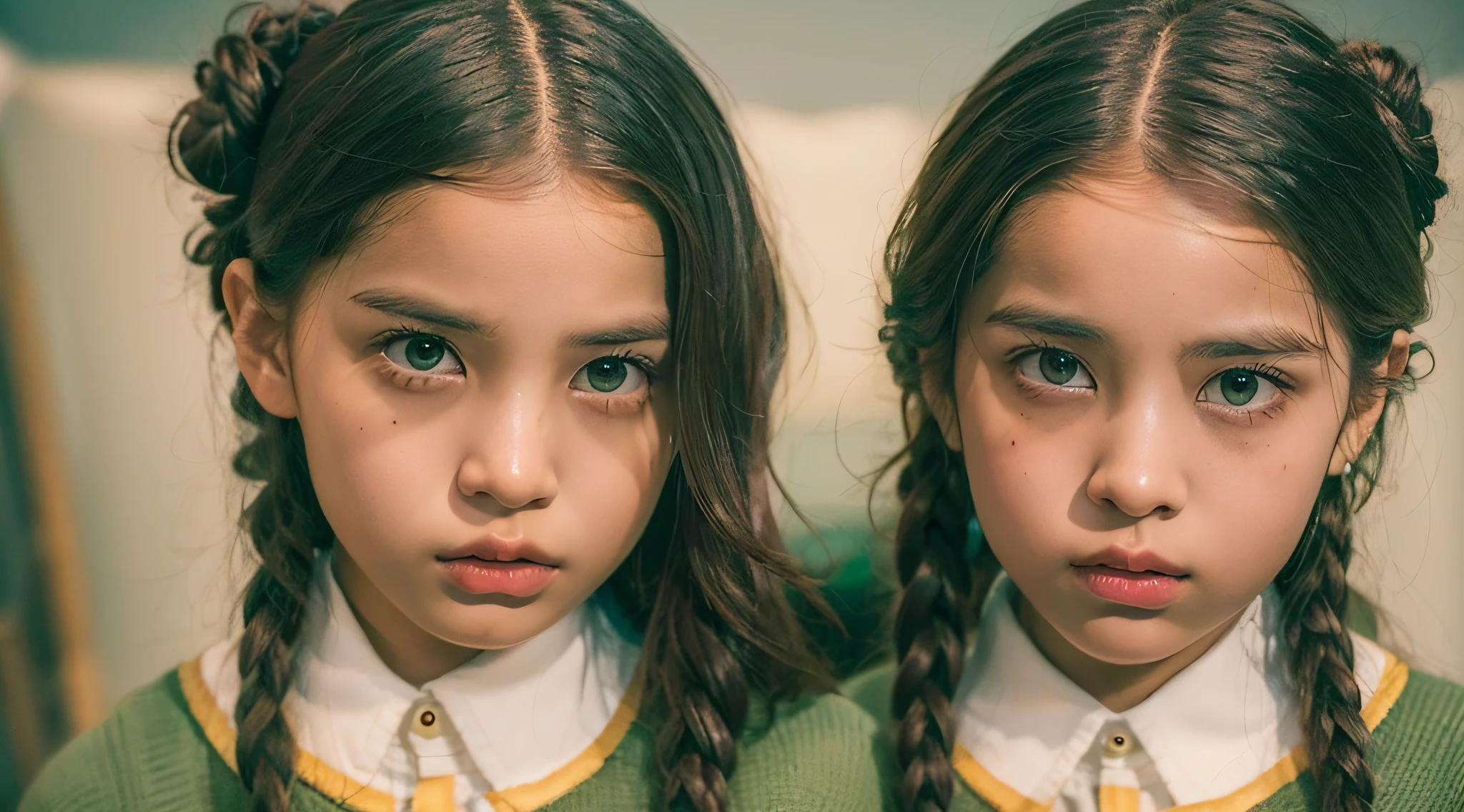 Duas jovens com cabelos longos e olhos verdes posam para uma foto, Duas meninas, beautiful gemini twins portrait, meninas jovens, cor da pele da azeitona, pele de cor verde, gen z, beautiful highly symmetric faces, beautiful gemini twins, retrato colorido, Dafne Keen, meninas fofas, sisters, color photograph portrait 4k, cores altamente contrastadas, Directed by: Fernando Gerassi